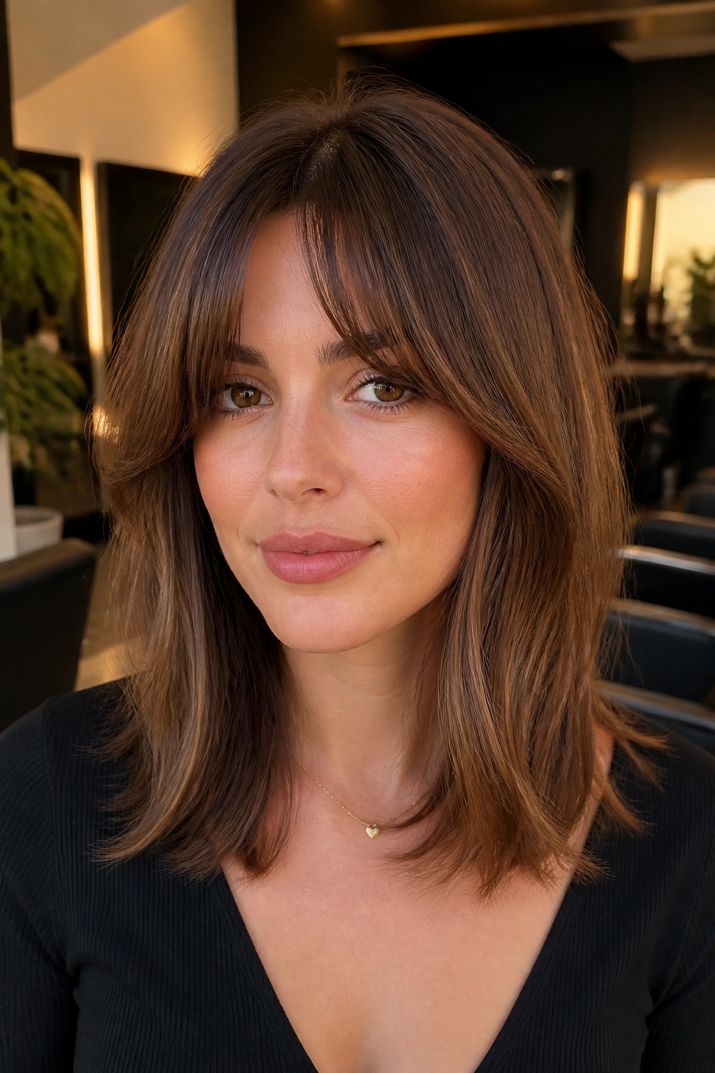 Real woman with mid-length cut and bottleneck bangs in brown tones.