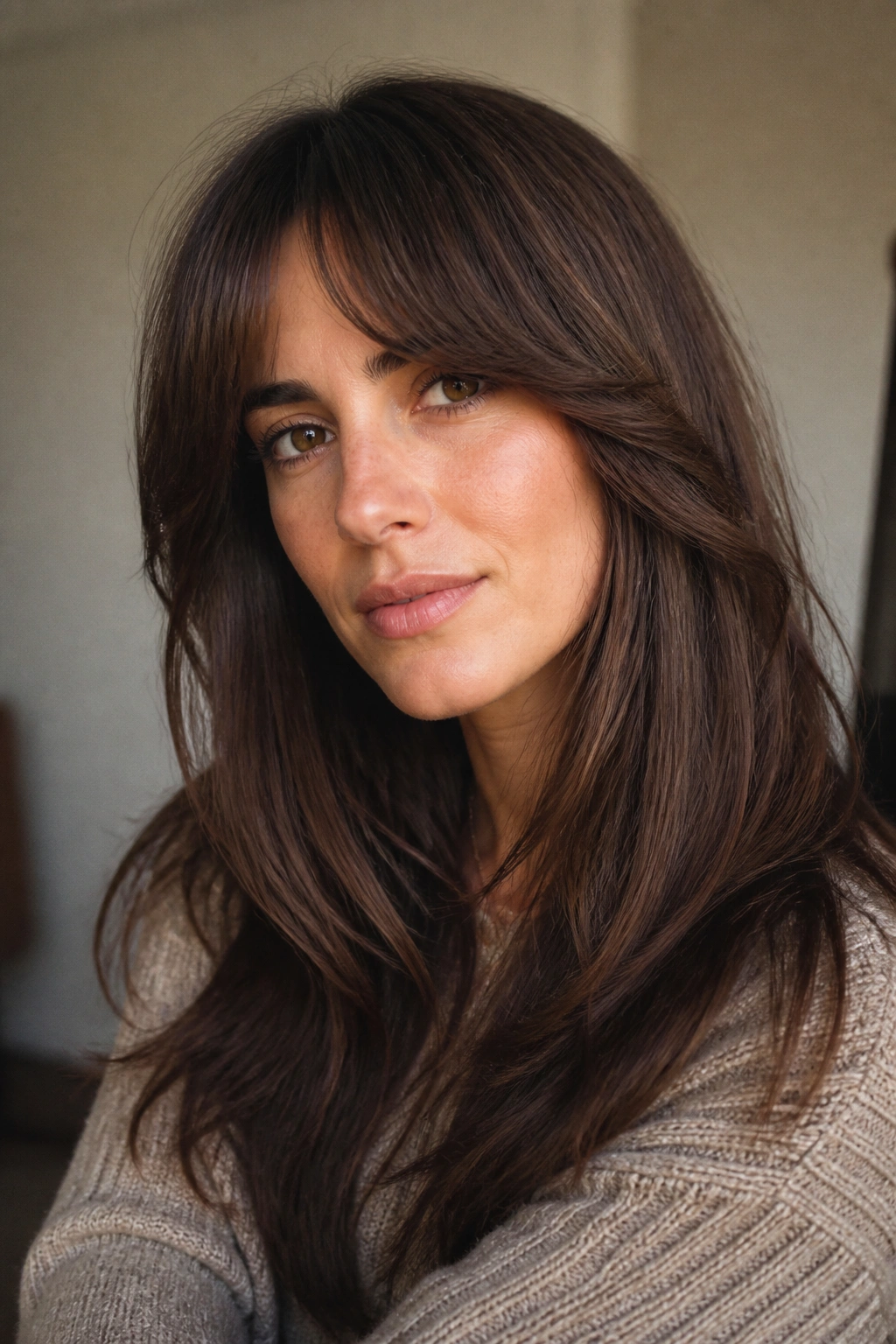 Real woman with bottleneck bangs and long brunette hair.