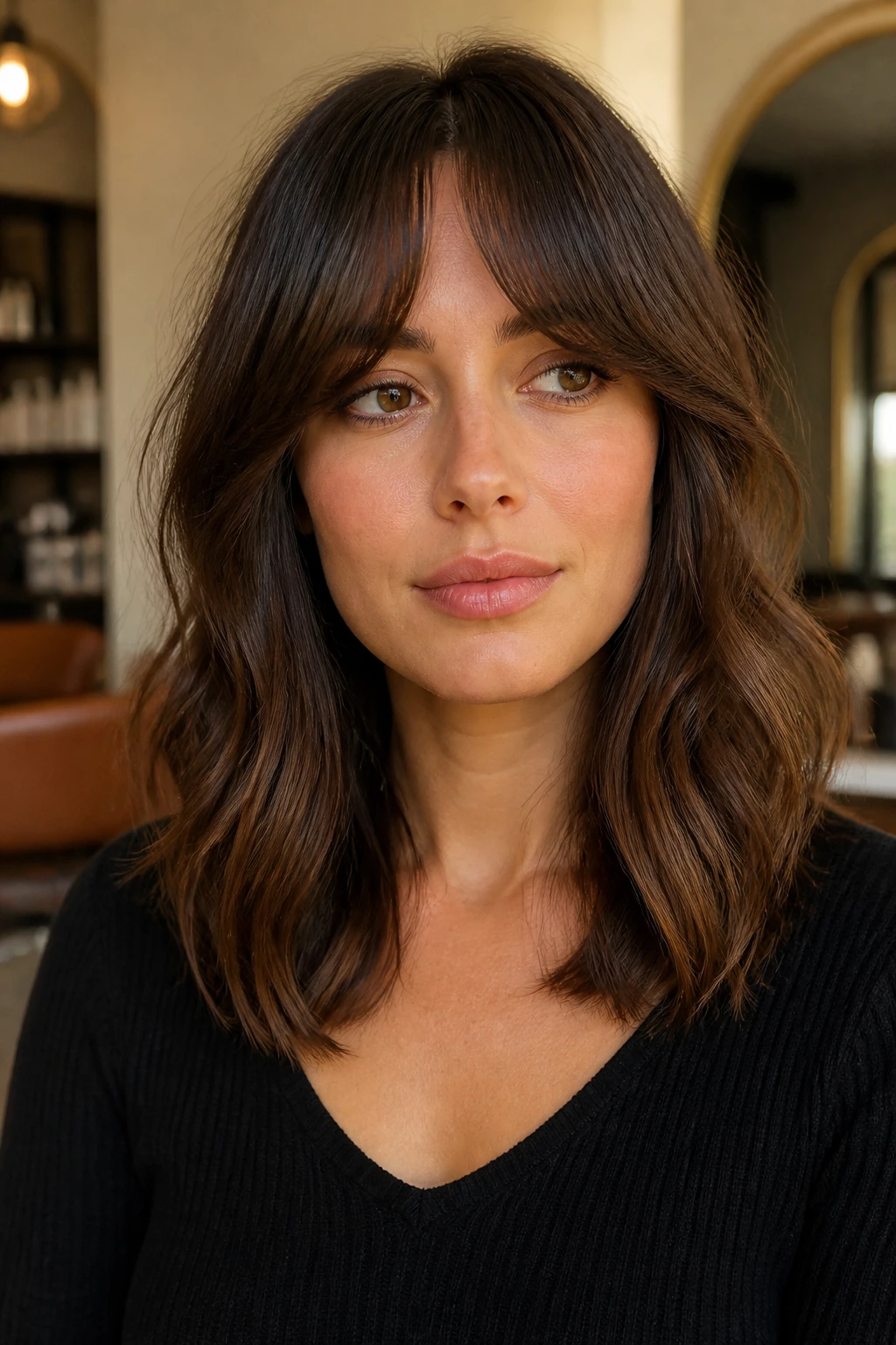 Close-up portrait of bottleneck bangs with collarbone waves on a real person in a warm salon setting
