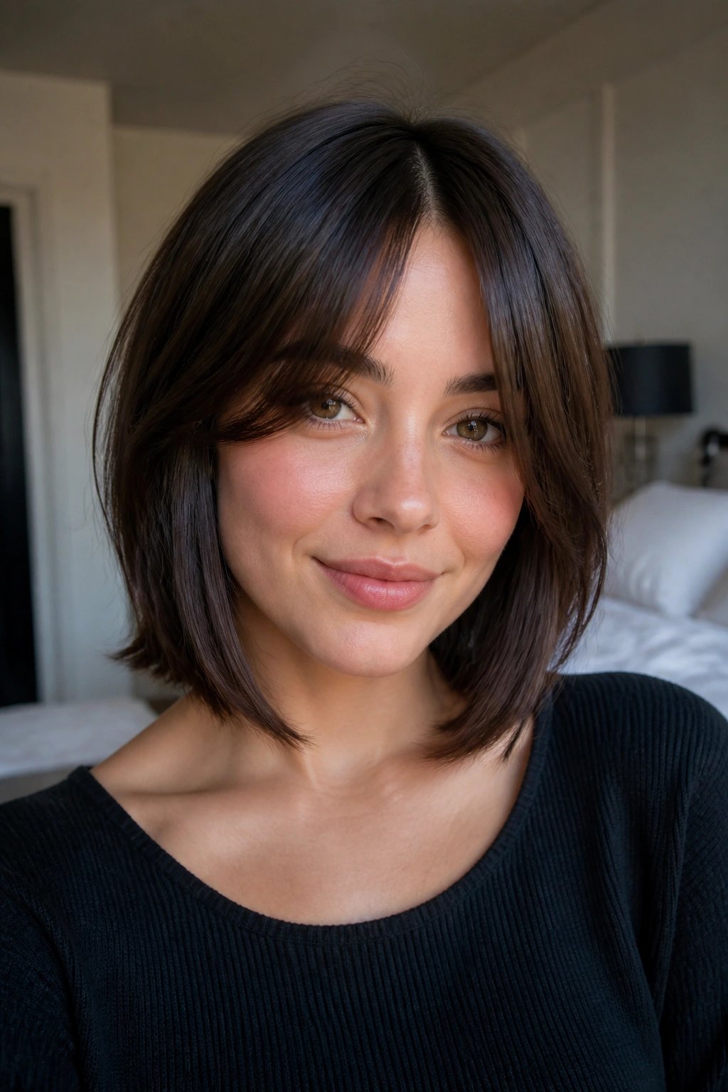Brunette with bottleneck bangs framing face