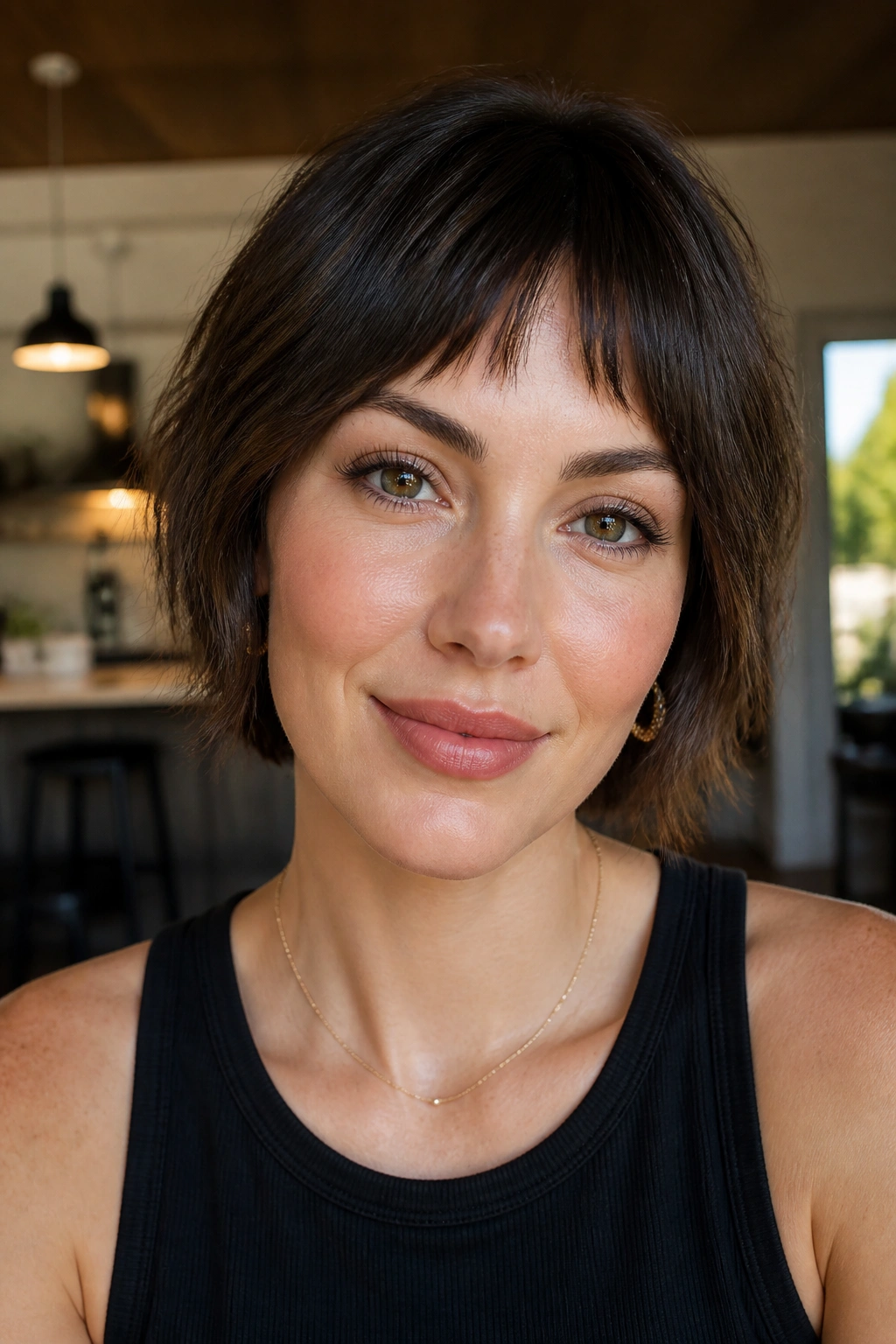 Close-up portrait of a woman with bottleneck bangs cropped in the center