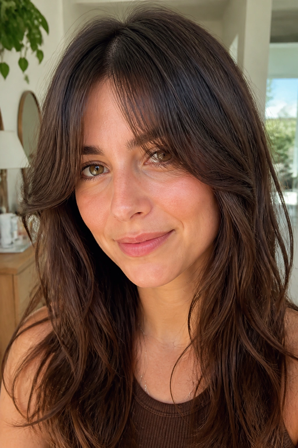 Close-up of a real woman wearing bottleneck bangs that open at the center