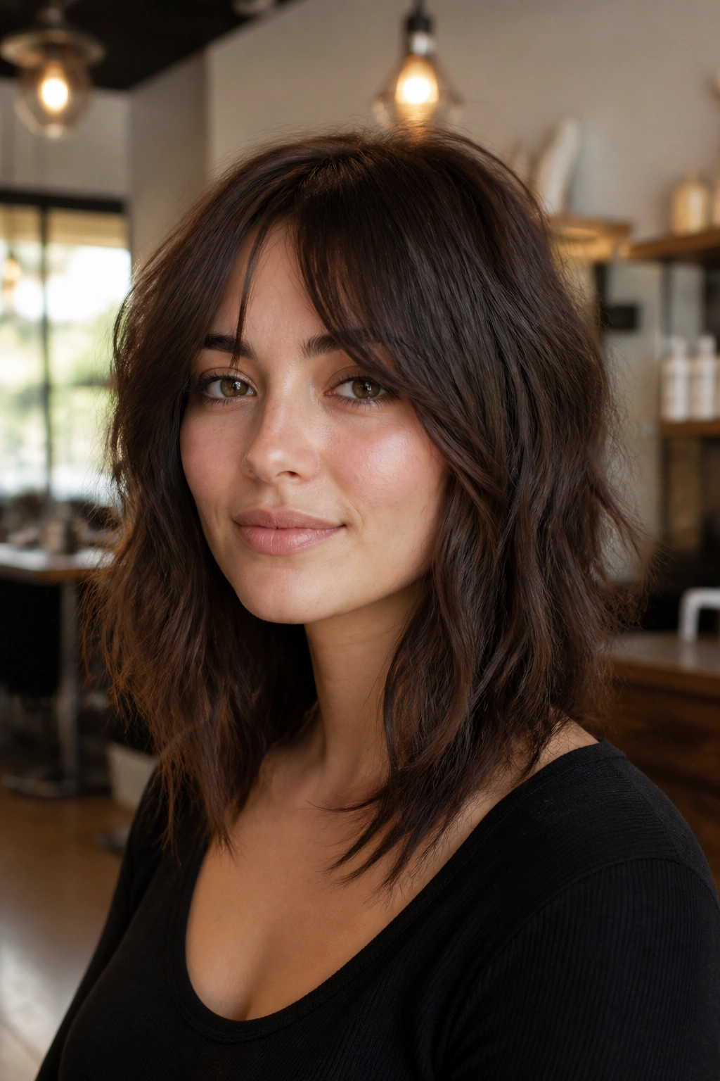 Close-up of a real woman with bottleneck bangs and choppy mid-lengths in a salon setting