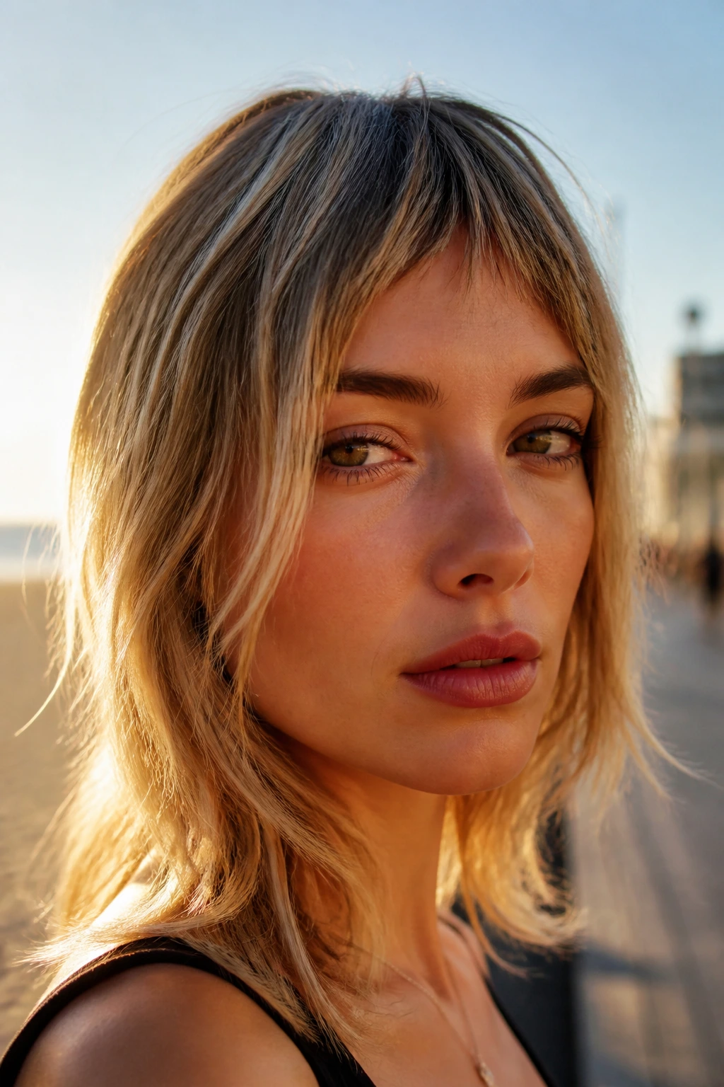 Close-up of a real person with bottleneck bangs and choppy texture