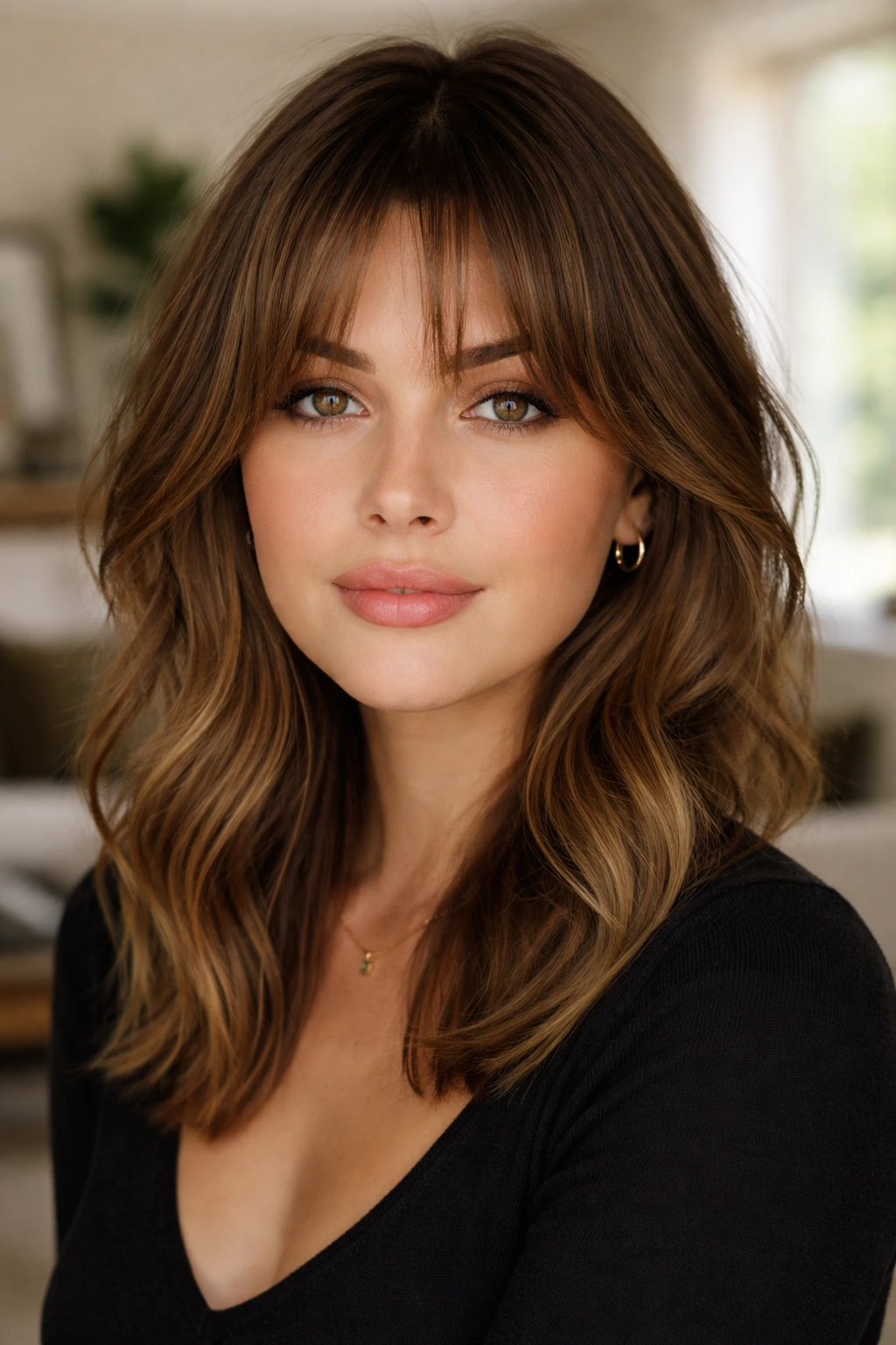 Close-up portrait of a real person with bottleneck bangs