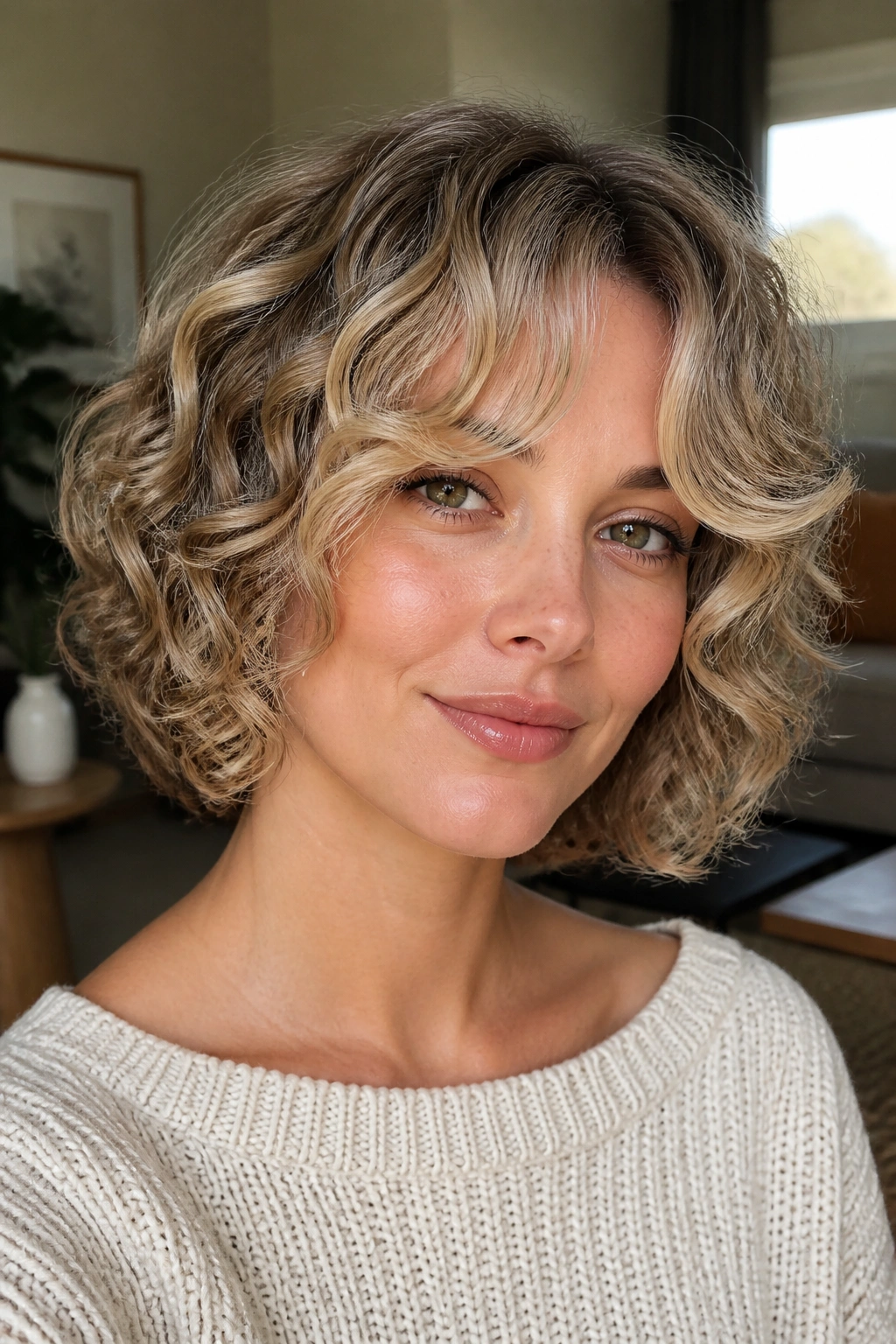 Real woman with bottleneck bangs curly bob and soft fringe in warm light