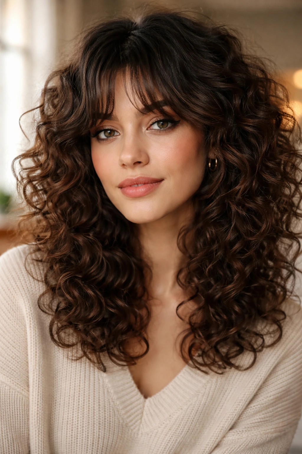 Close-up portrait of a woman with bottleneck bangs in natural window light.