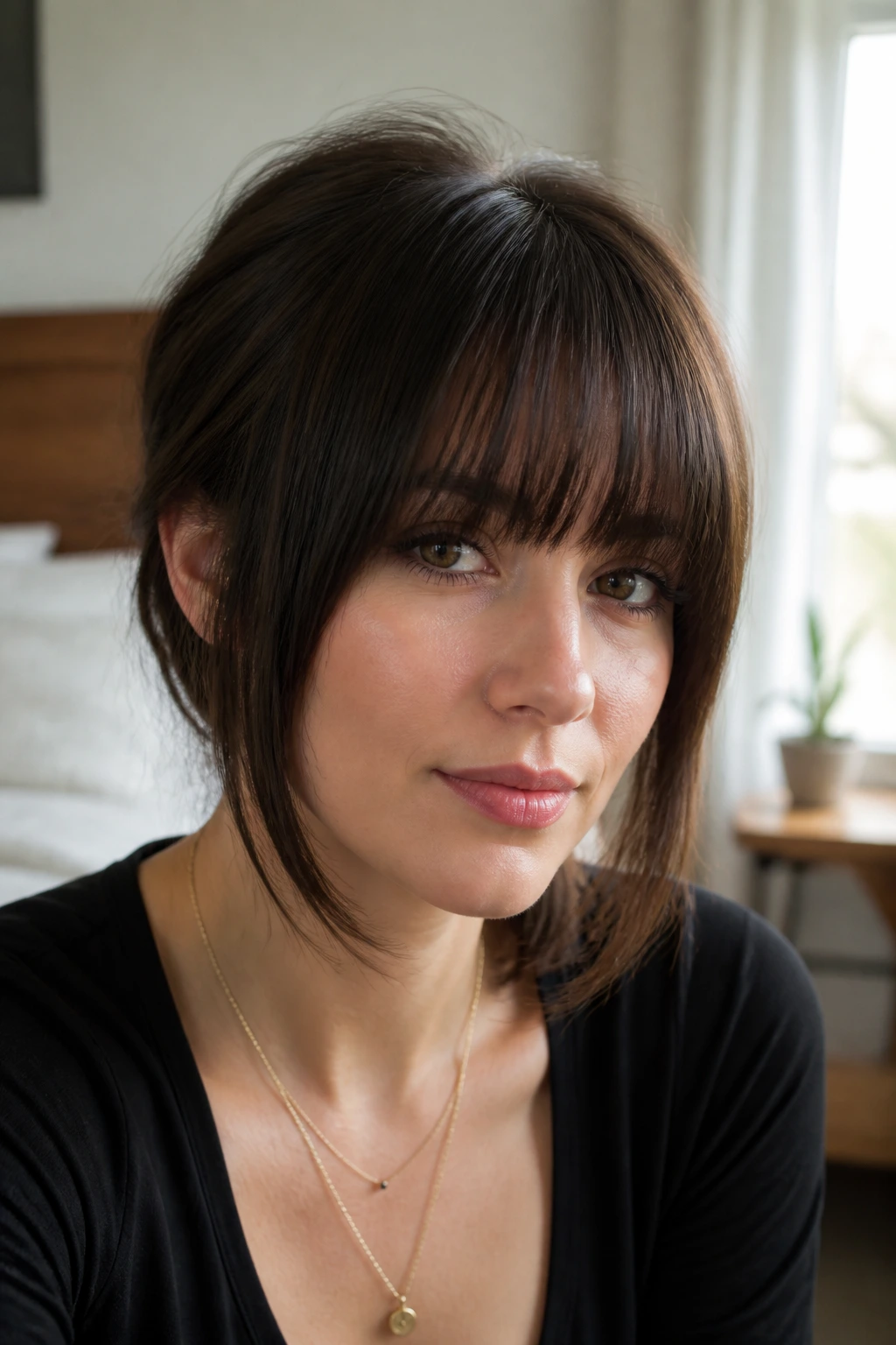 Close-up real-woman portrait with bottleneck bangs dense center and longer sides.