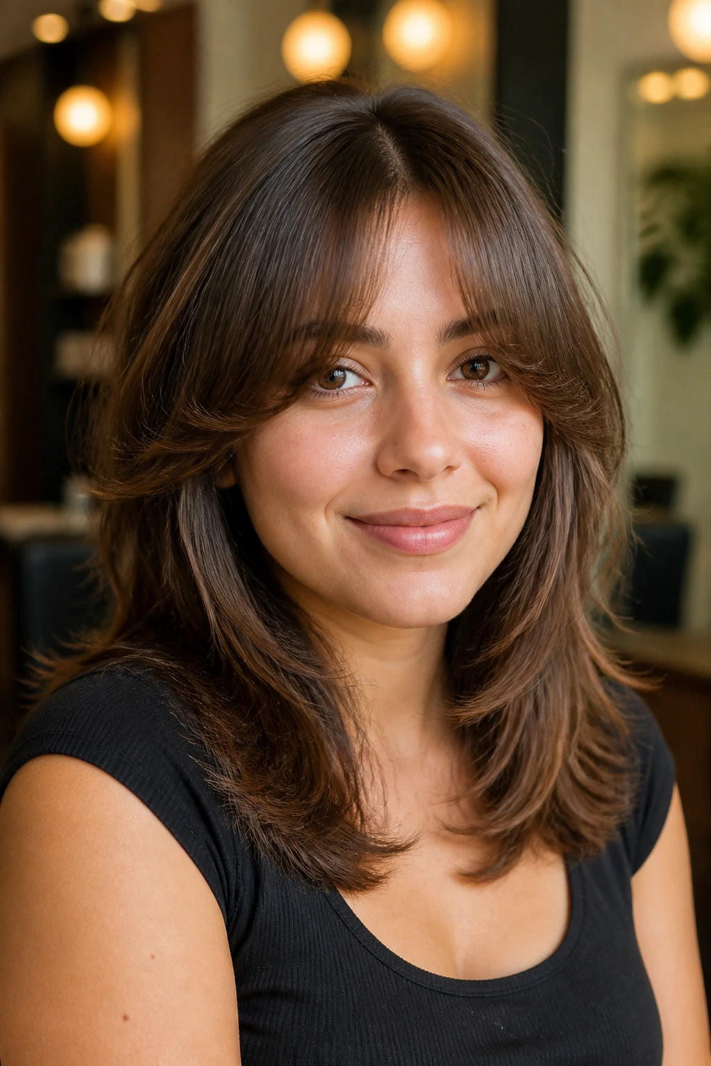 Close-up of a real woman with bottleneck bangs and feathered layers