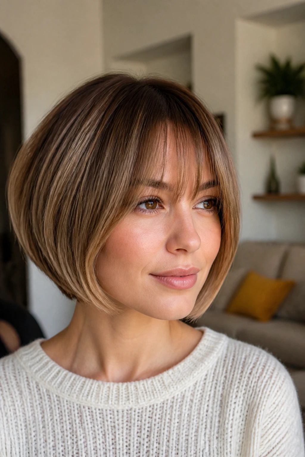 Close-up of a real woman with bottleneck bangs in a graduated bob, hairline and bangs clearly visible.