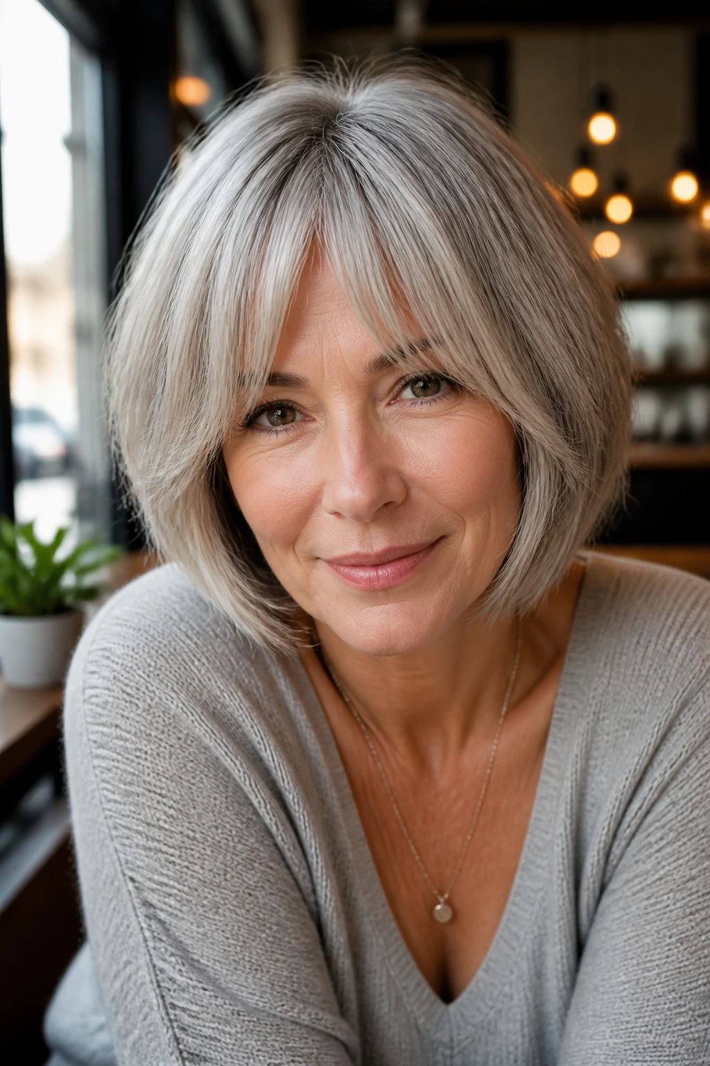 Close-up of a woman with bottleneck bangs in a grey bob.