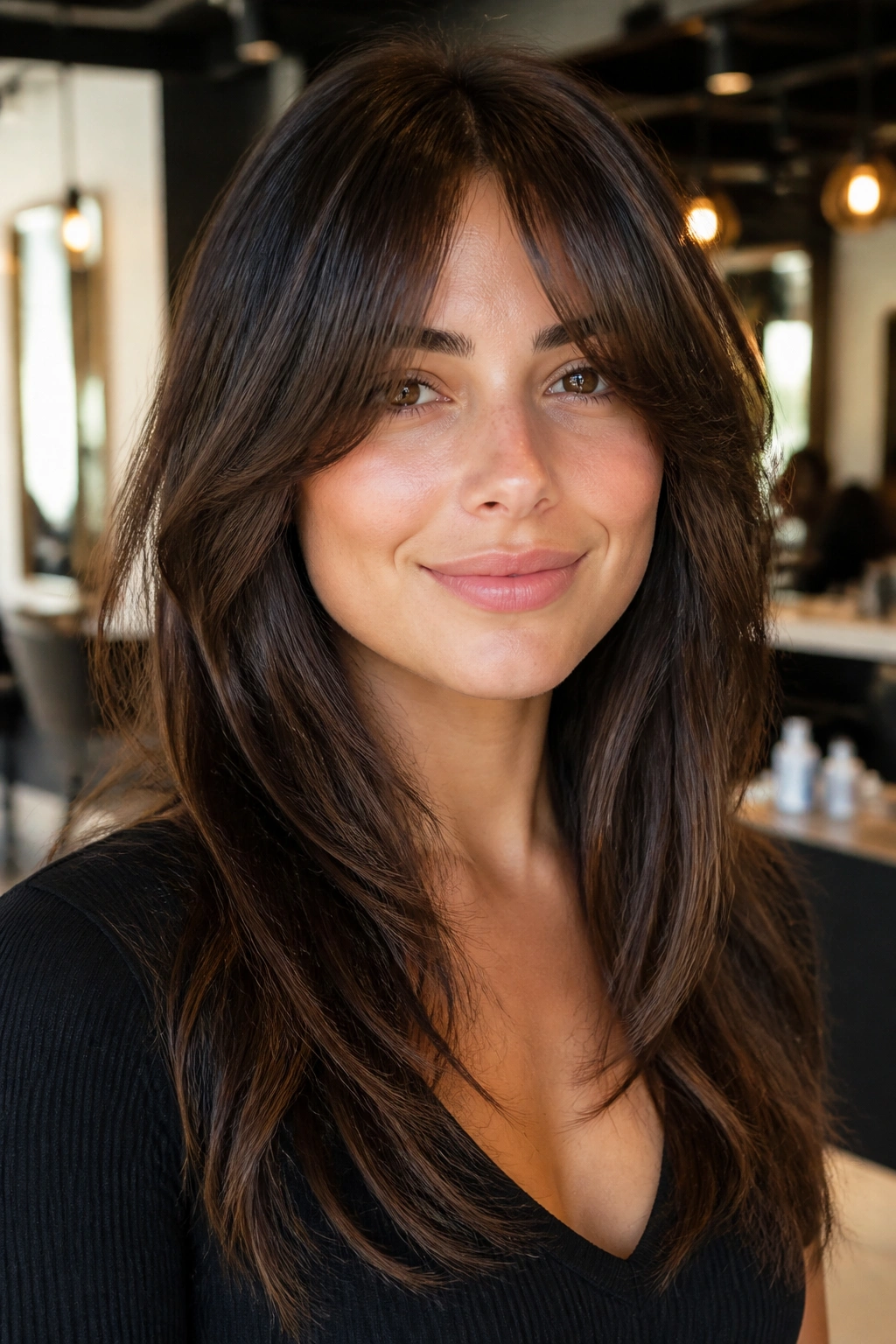 Close-up of a real woman with bottleneck bangs and long layers