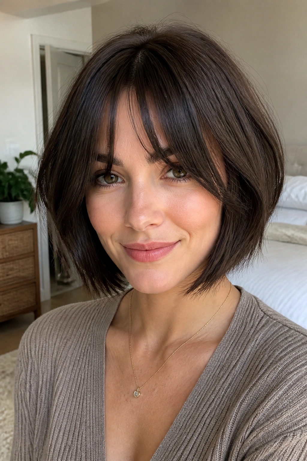 Portrait of a real woman with bottleneck bangs and inverted bob.