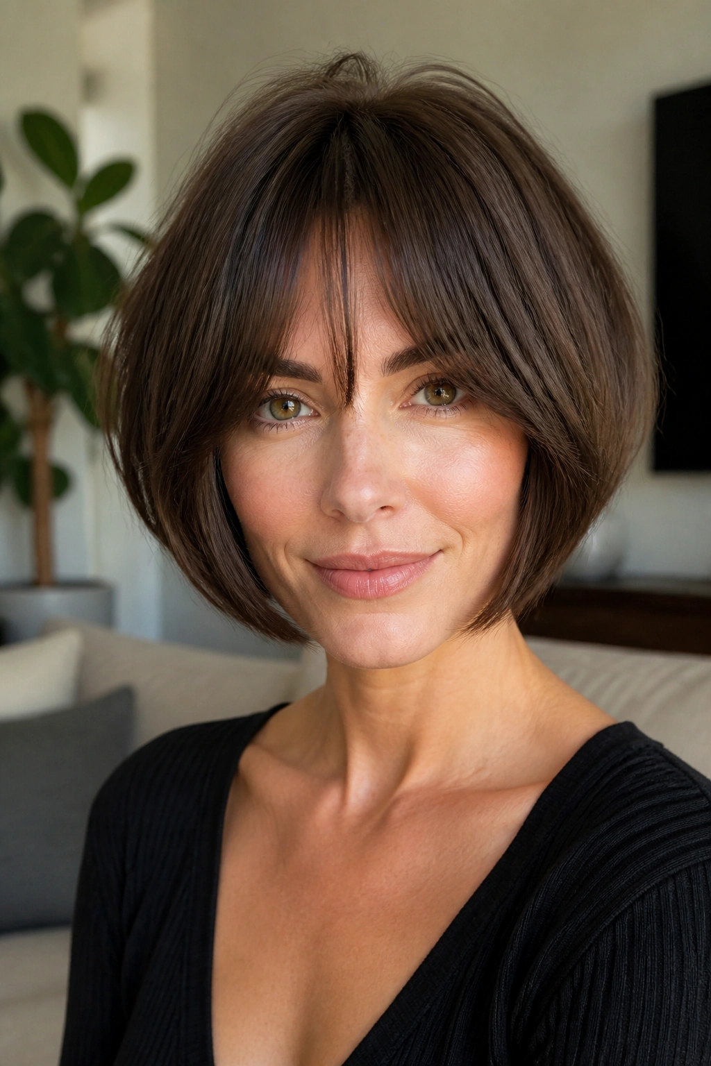 Close-up of a real woman with bottleneck bangs integrated into an inverted bob