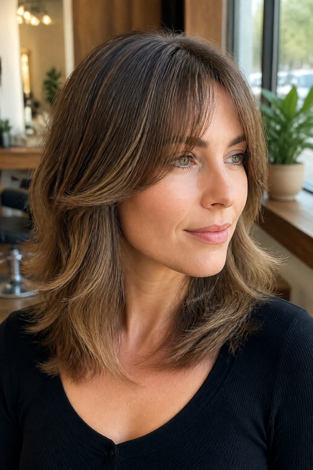 Close-up portrait of a real woman with bottleneck bangs and layered hair, soft window light