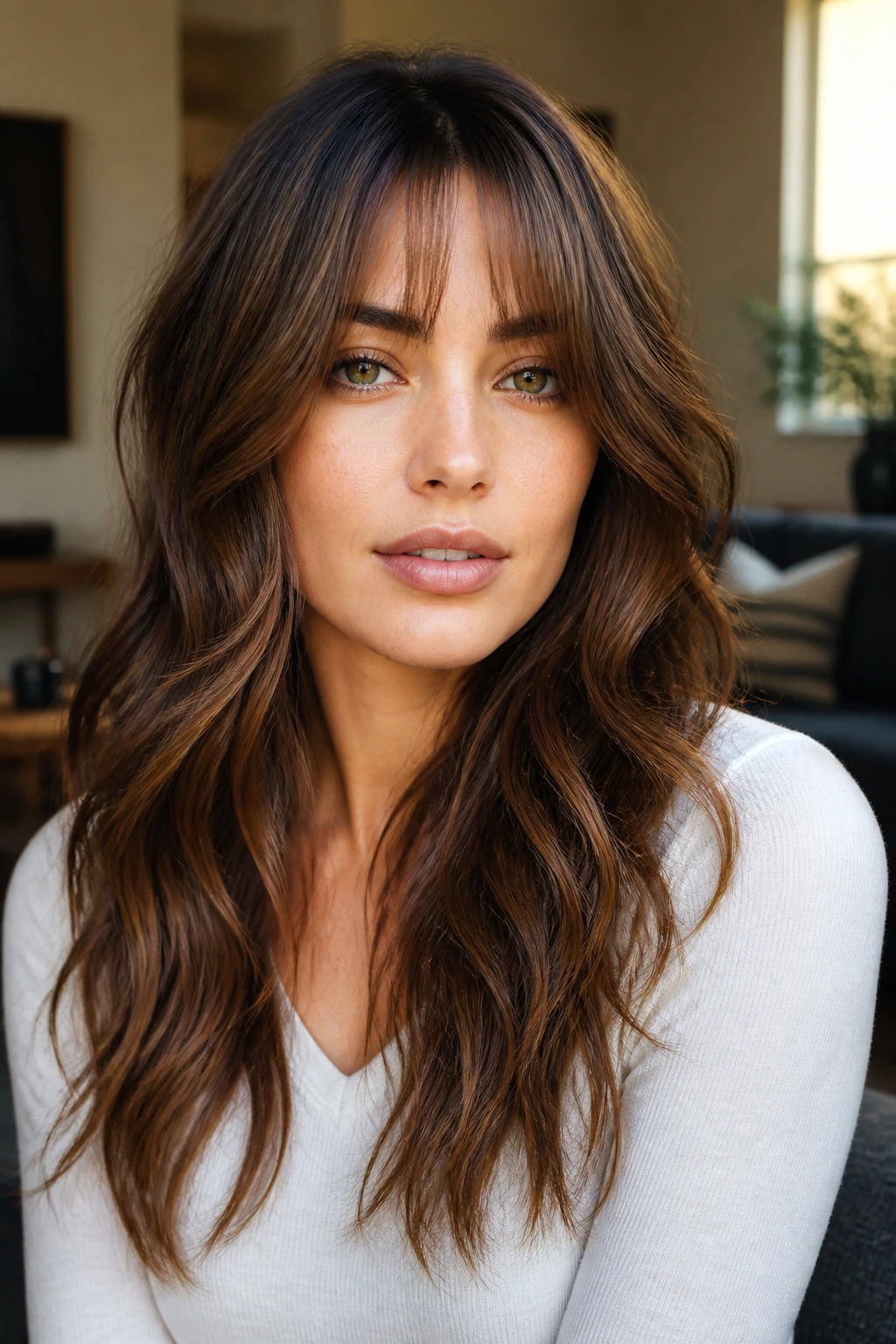 Portrait of woman with bottleneck bangs blending into long layers