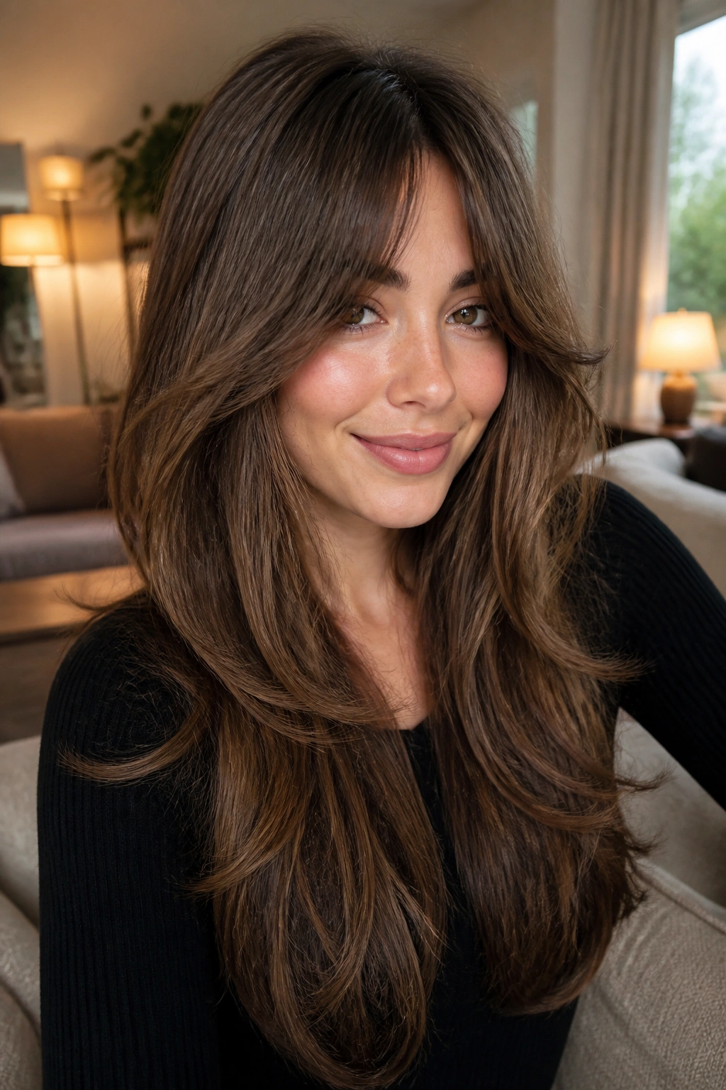 Close-up of a real woman with bottleneck bangs and long layered hair in a softly lit room