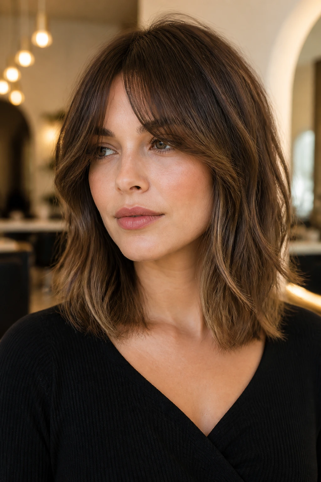 Portrait of a real woman with bottleneck bangs and lob