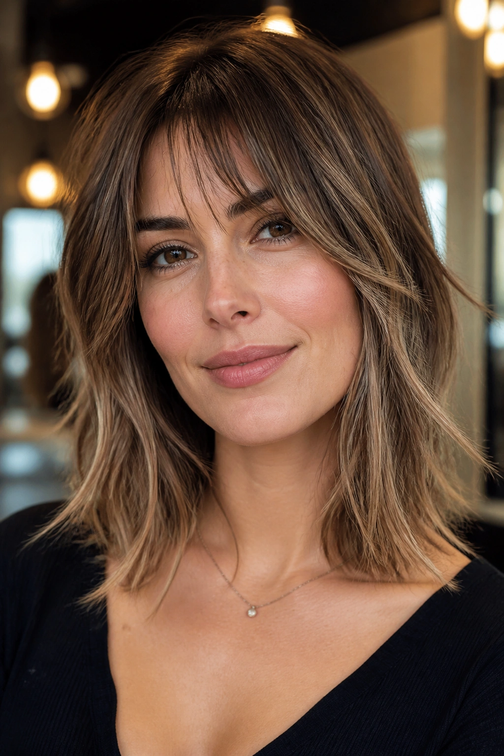 Close-up of a real woman with bottleneck bangs and broken texture in a lob.