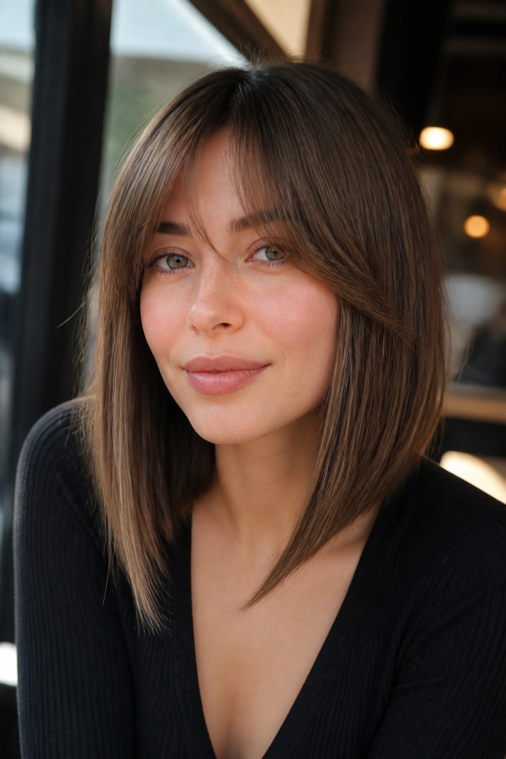 Portrait of a real woman with bottleneck bangs and long side pieces