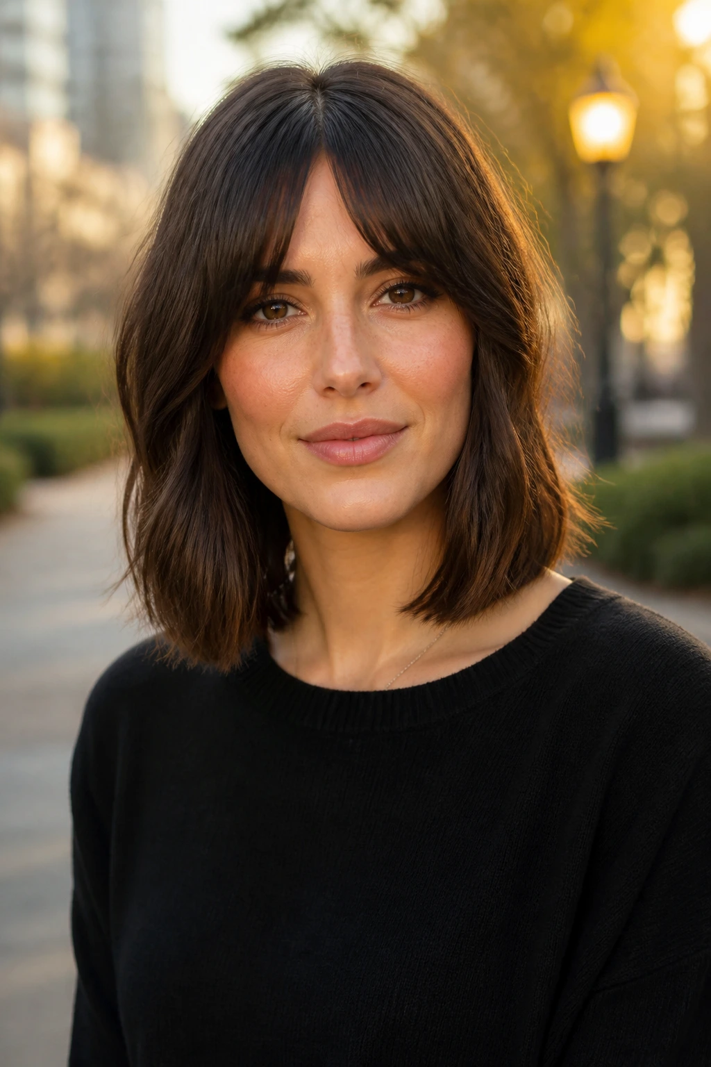 Portrait of a real woman with bottleneck bangs and a lob haircut