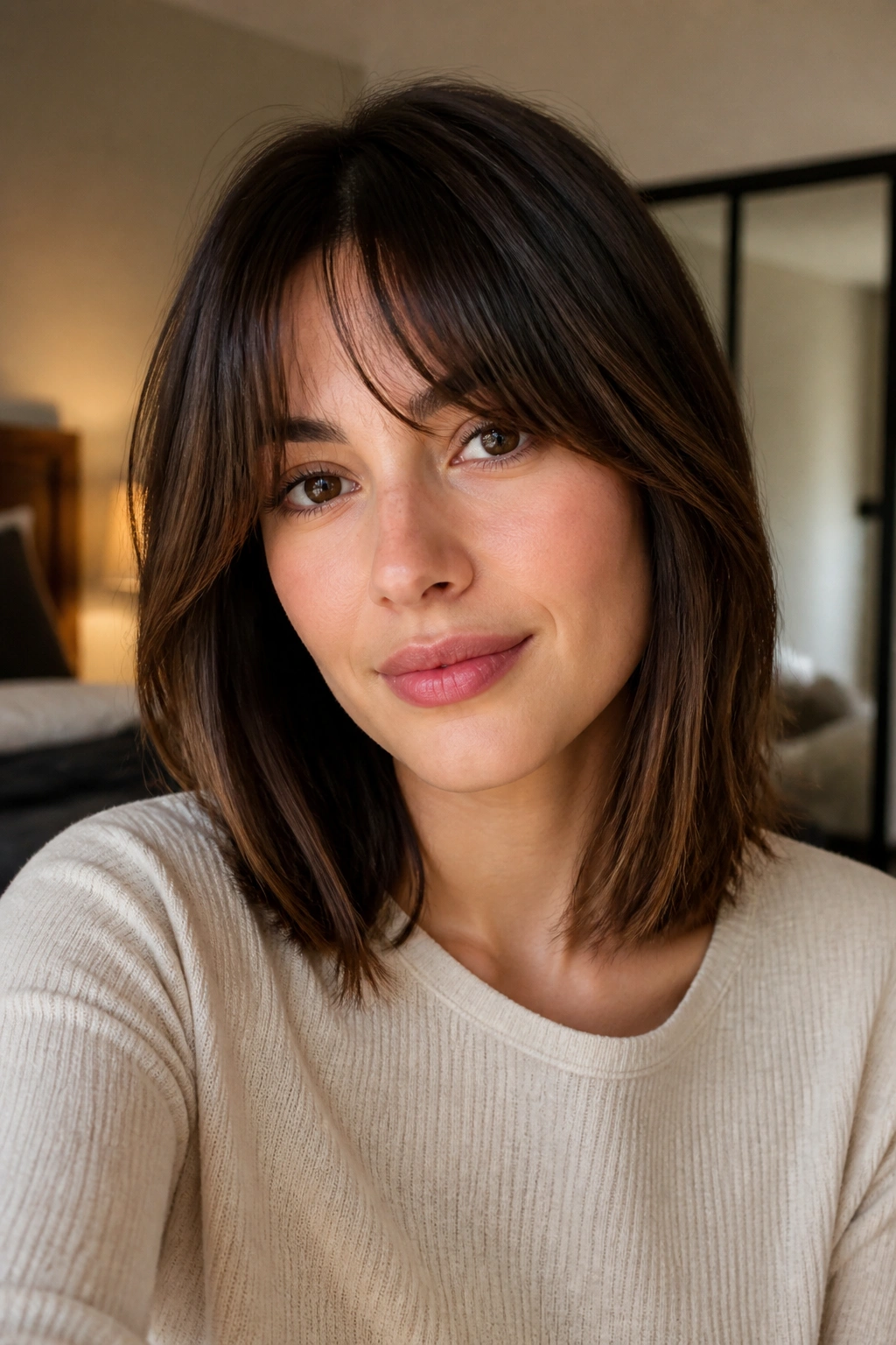 Close-up of a real woman with Bottleneck Bang Lob and soft fringe