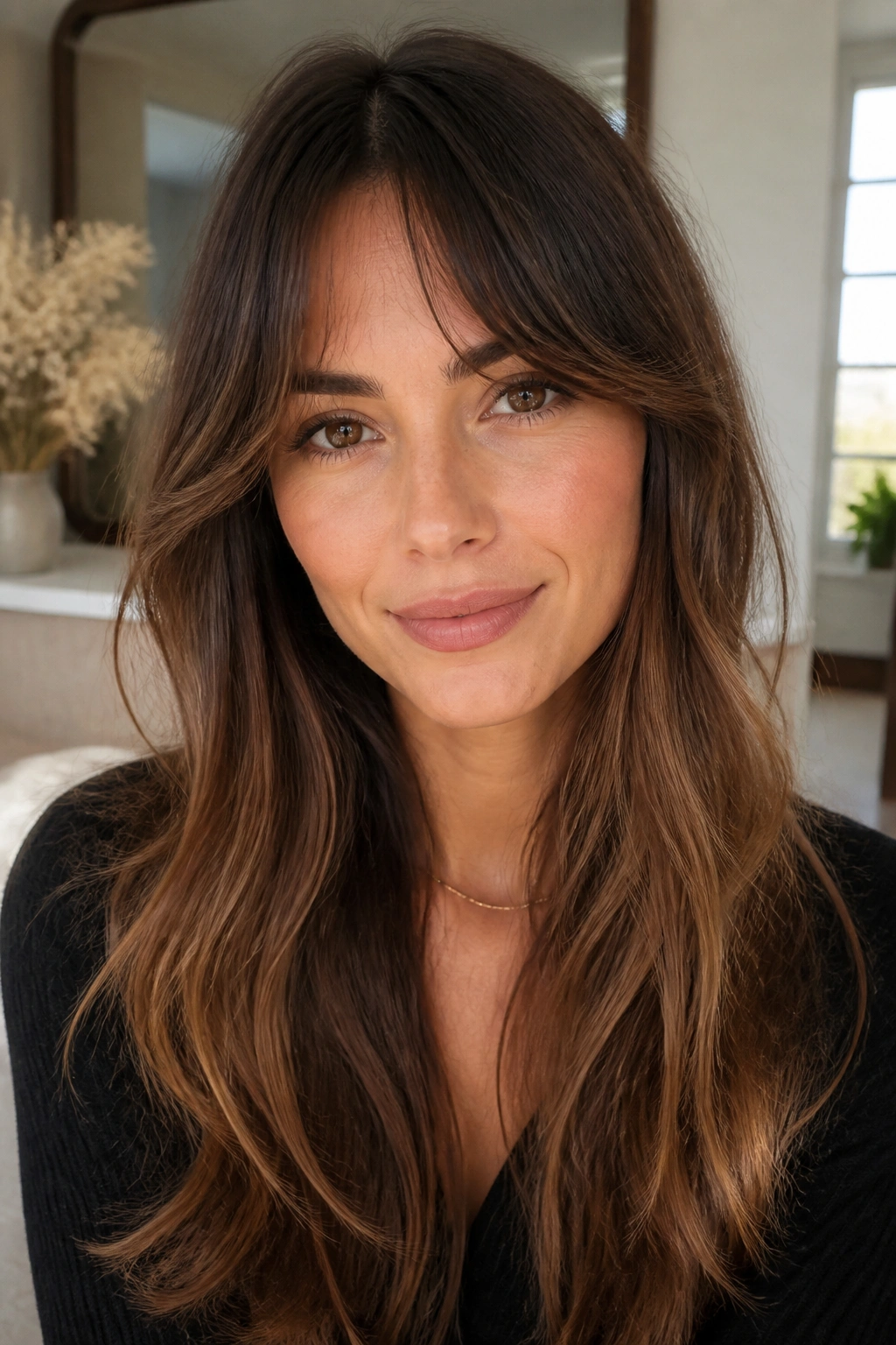 Close-up of a real person with bottleneck bangs and long, softly waved hair