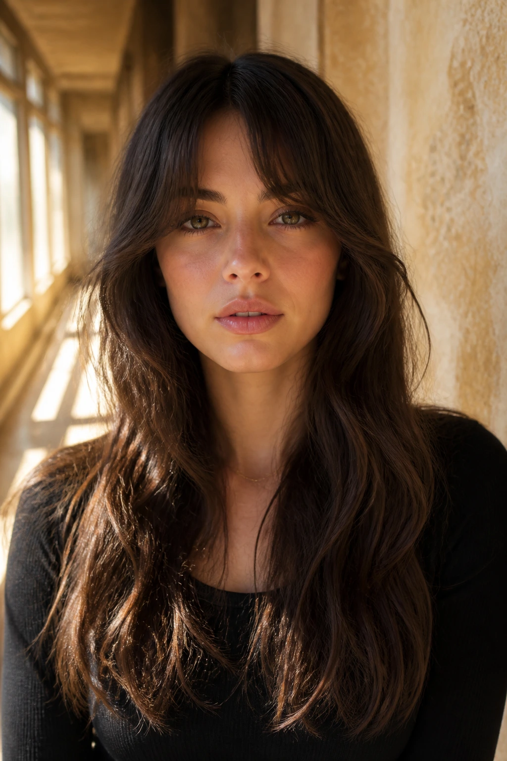 Close-up of a real woman with bottleneck bangs and long hair