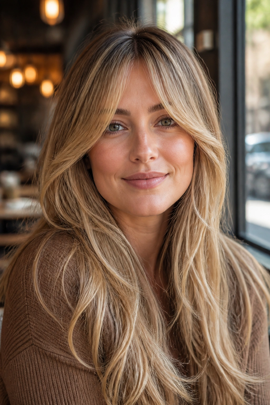 Close-up portrait of a woman with bottleneck bangs and long flowing layers in warm blonde tones