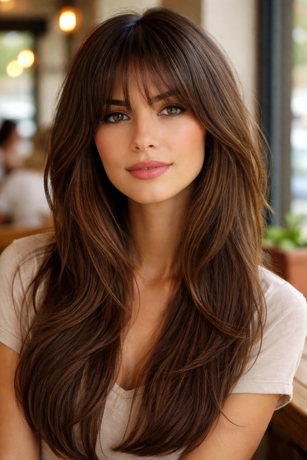 Portrait of a woman with bottleneck bangs and long layers in brown hair