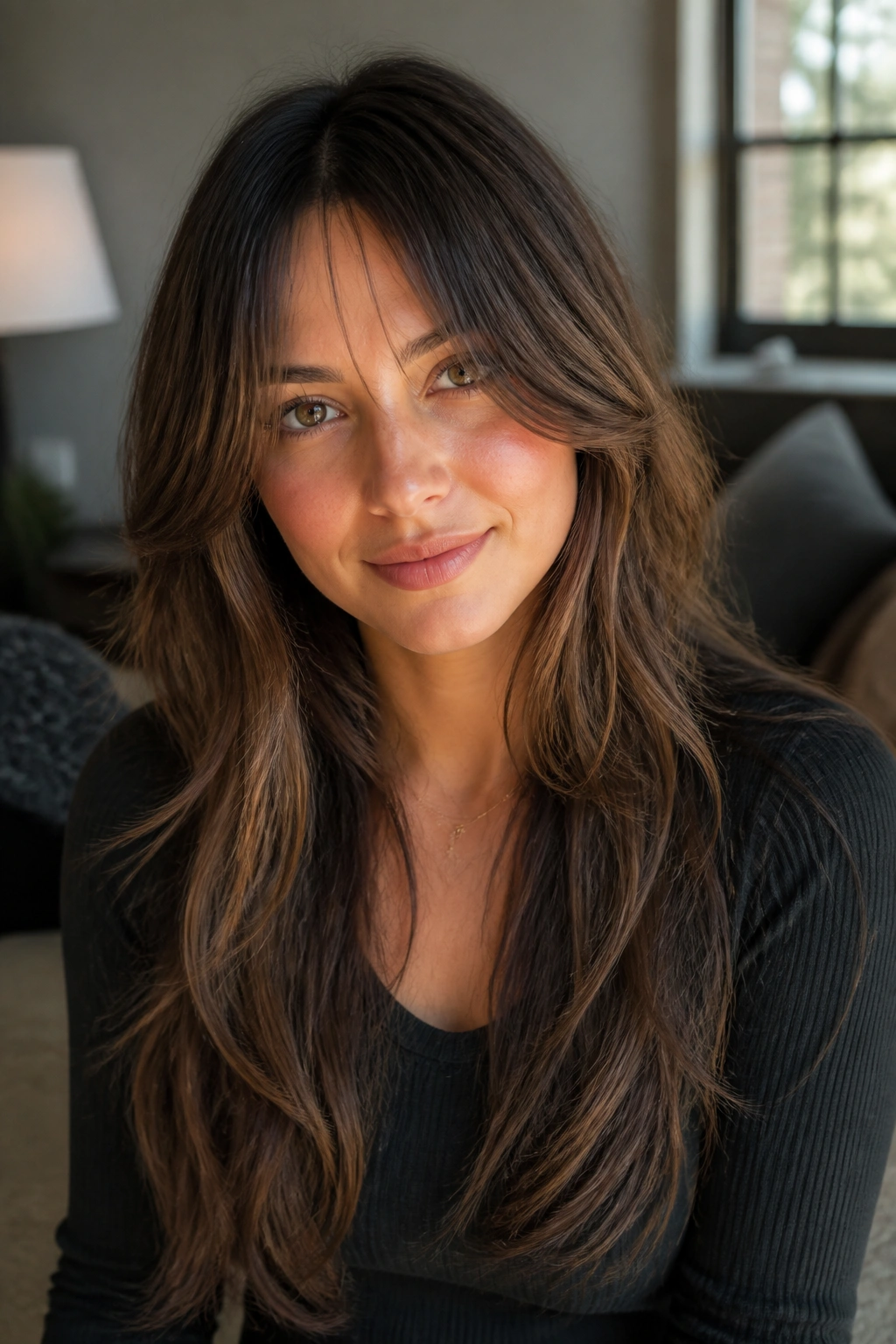 Close-up of a real woman with bottleneck bangs and long layers, window-lit background.
