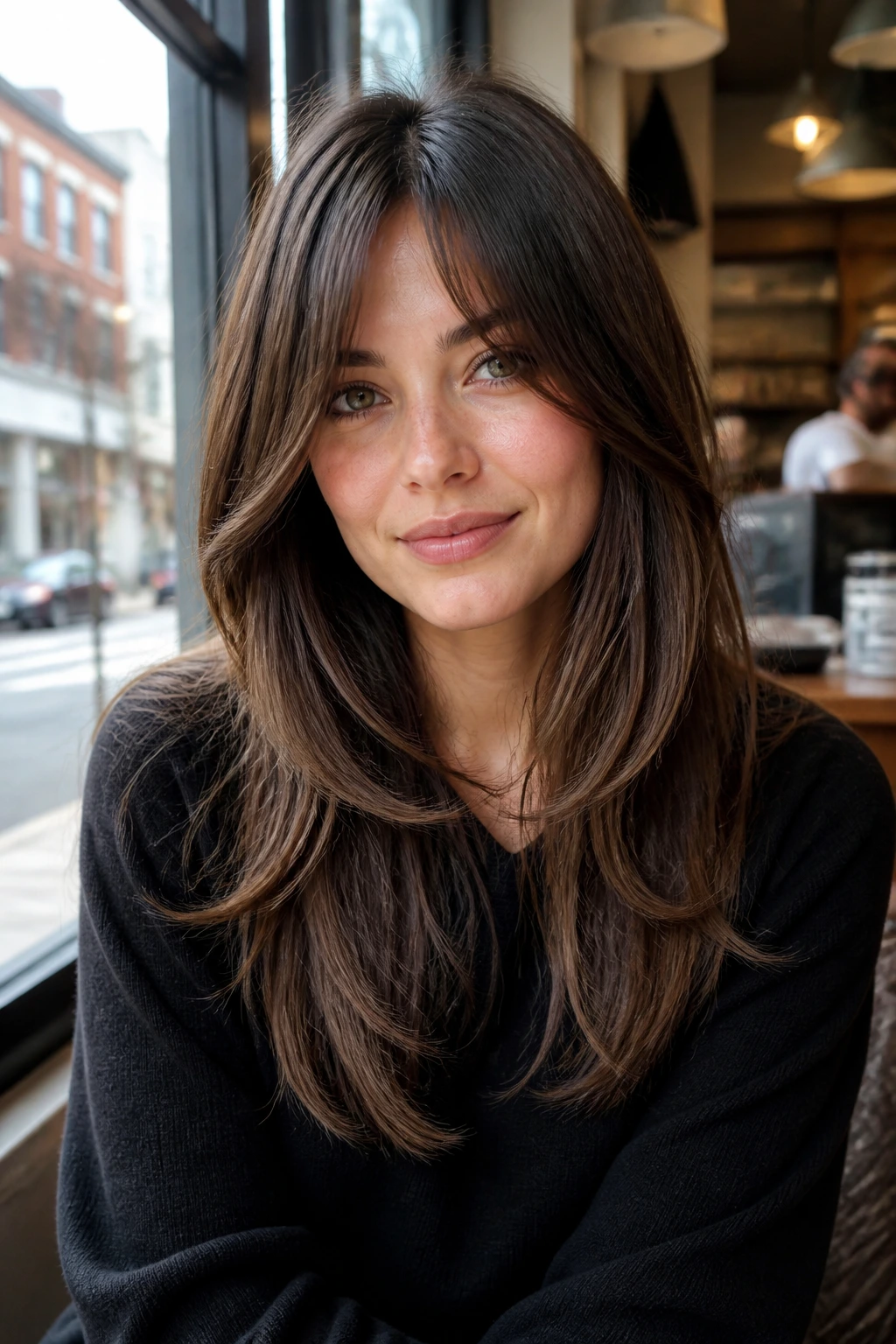 Front portrait of a woman with bottleneck bangs and long layers