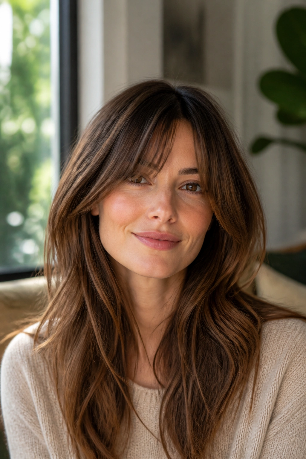 Portrait of a person with bottleneck bangs and long layers
