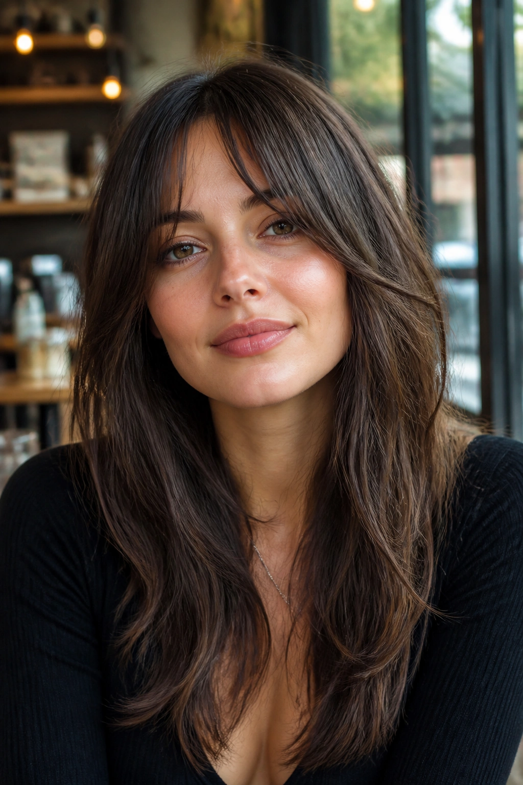 Close-up portrait of a real woman with bottleneck bangs and long shag layers.