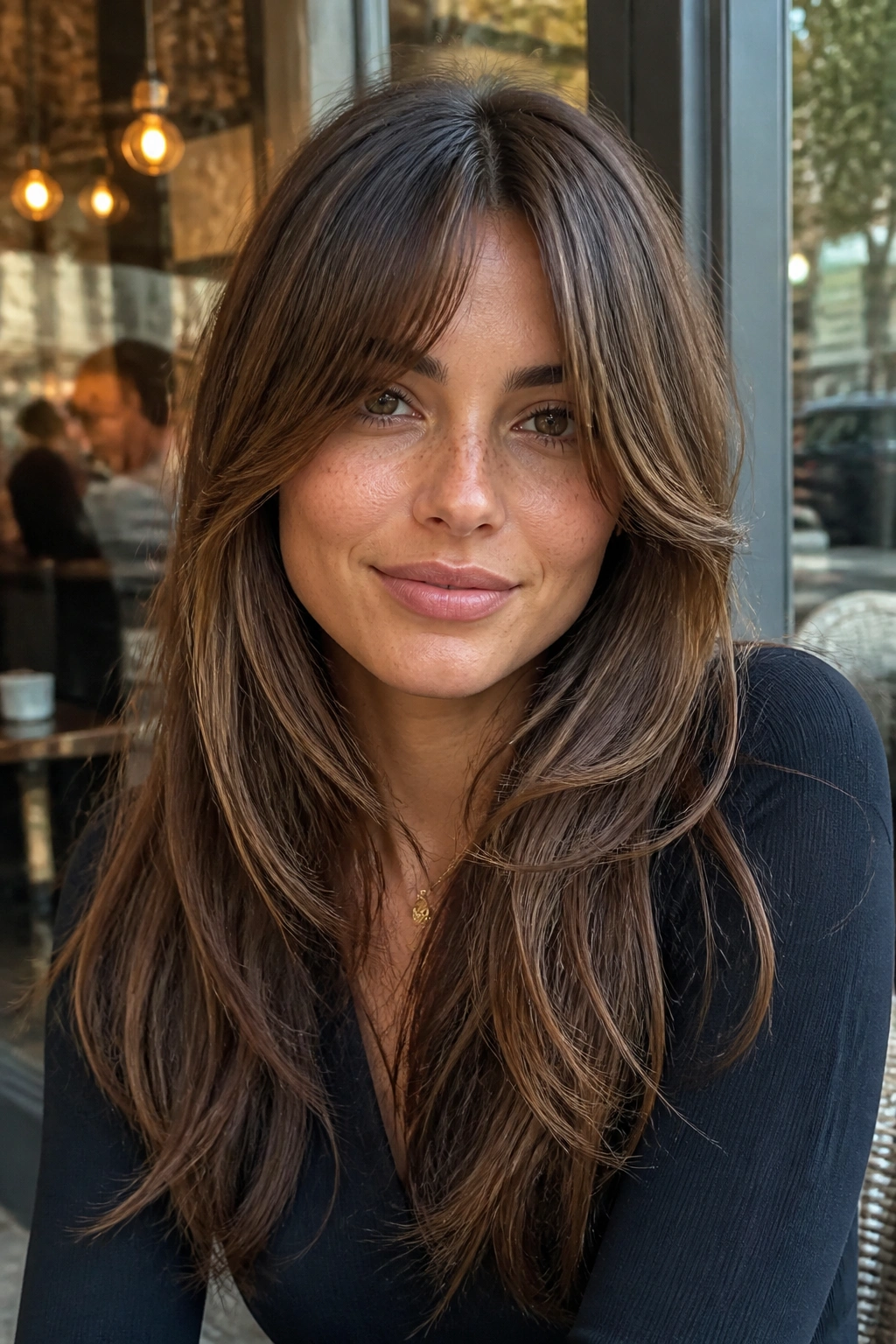 Real woman wearing bottleneck bangs with long layers.