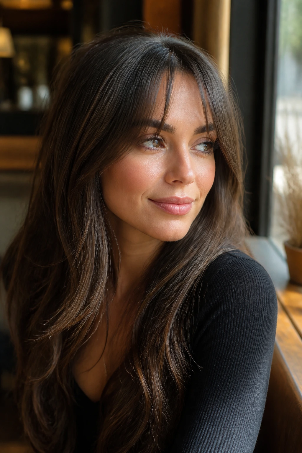 Real woman with bottleneck bangs and long length framing the face.
