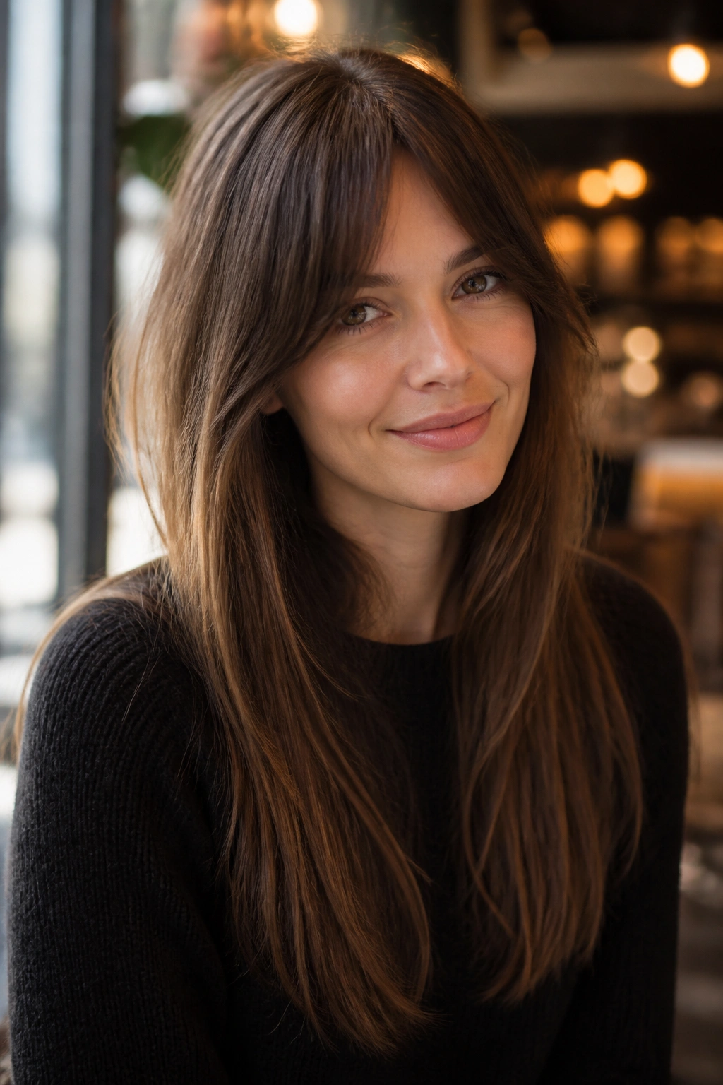 Portrait of a woman with bottleneck bangs and long length