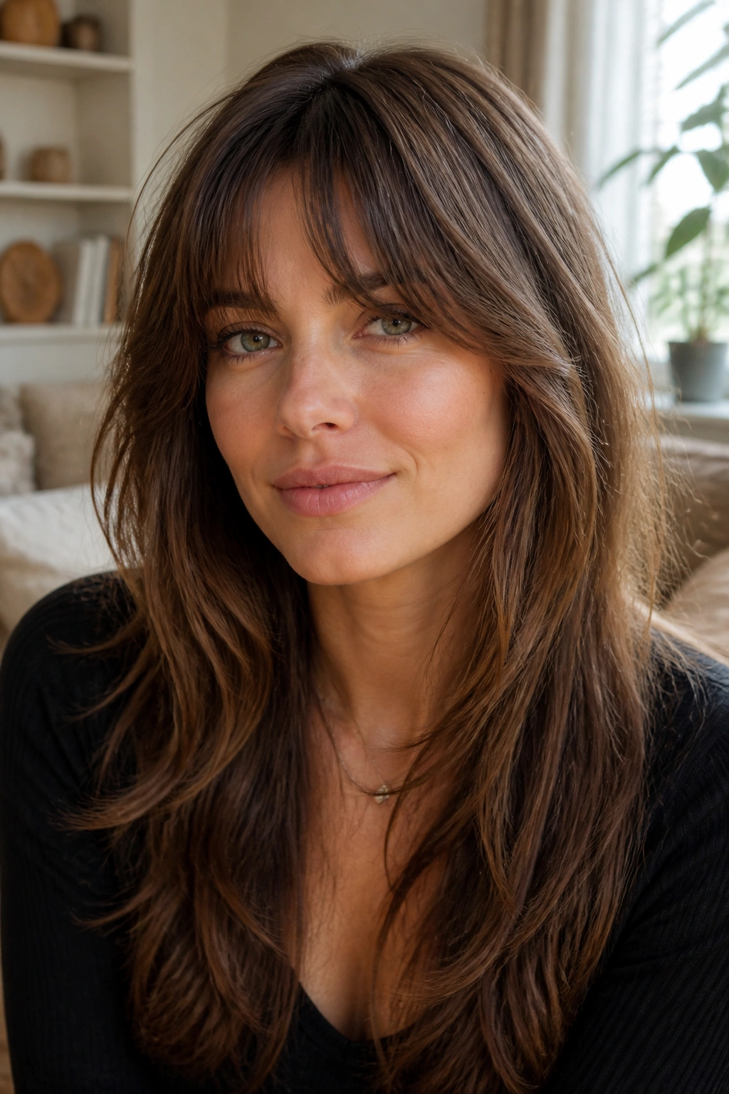 Close-up portrait of a real woman with bottleneck bangs in a long shag hairstyle