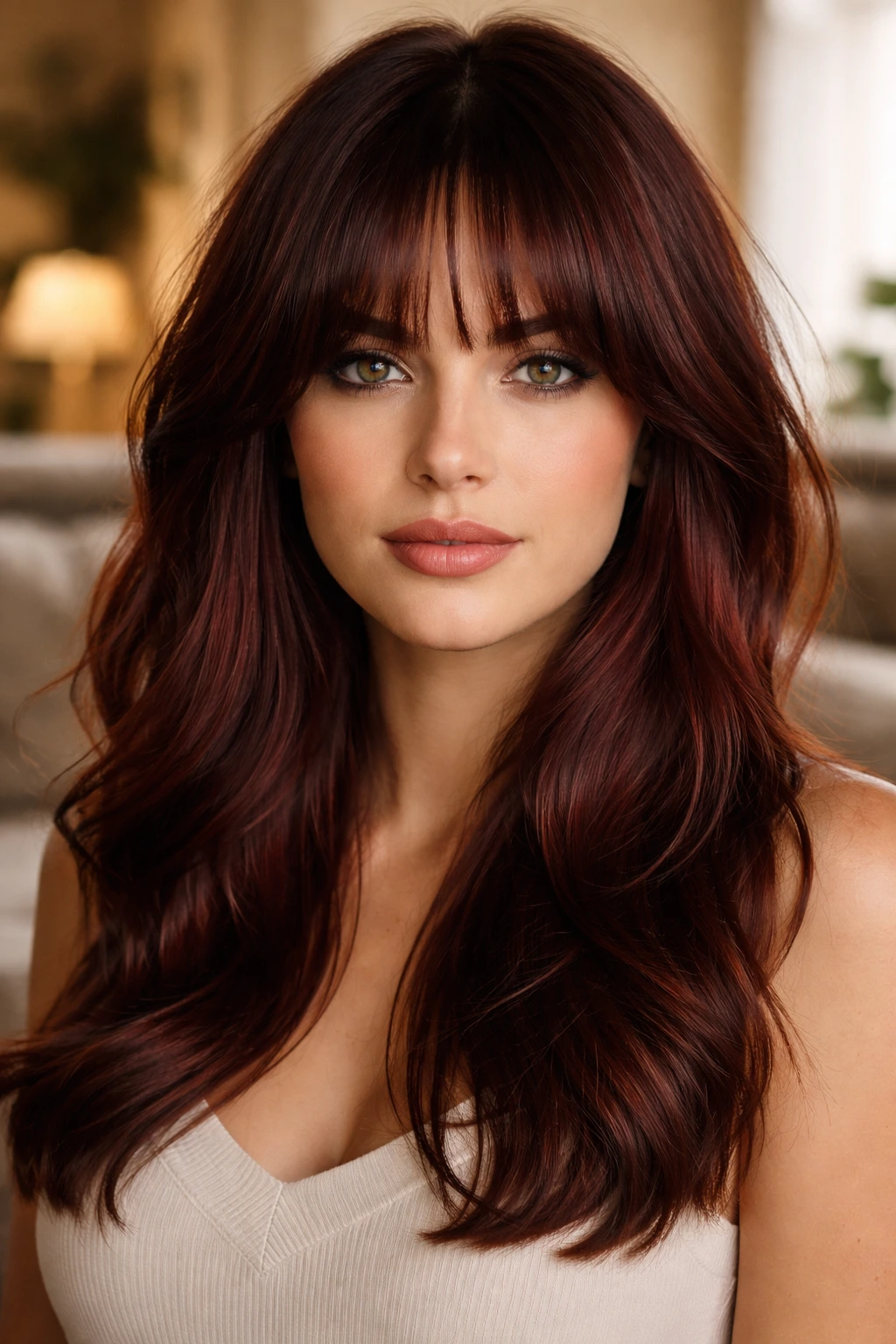 Portrait of a woman with bottleneck bangs in mahogany hair.