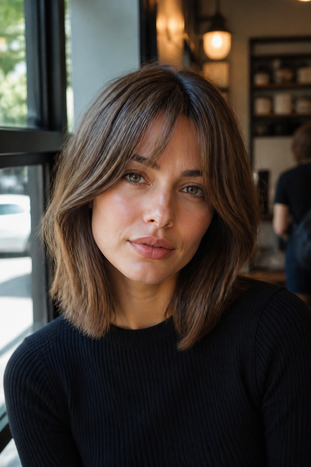 Close-up of a real person with bottleneck bangs in a cafe setting