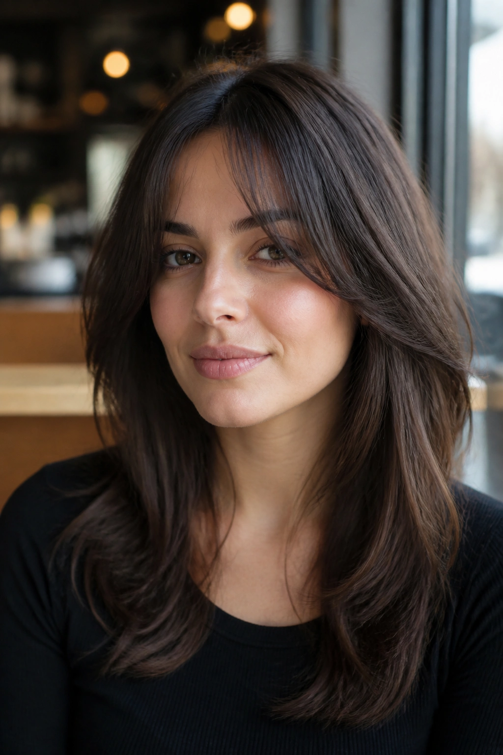 Close-up portrait of a real woman with bottleneck bangs and medium layers