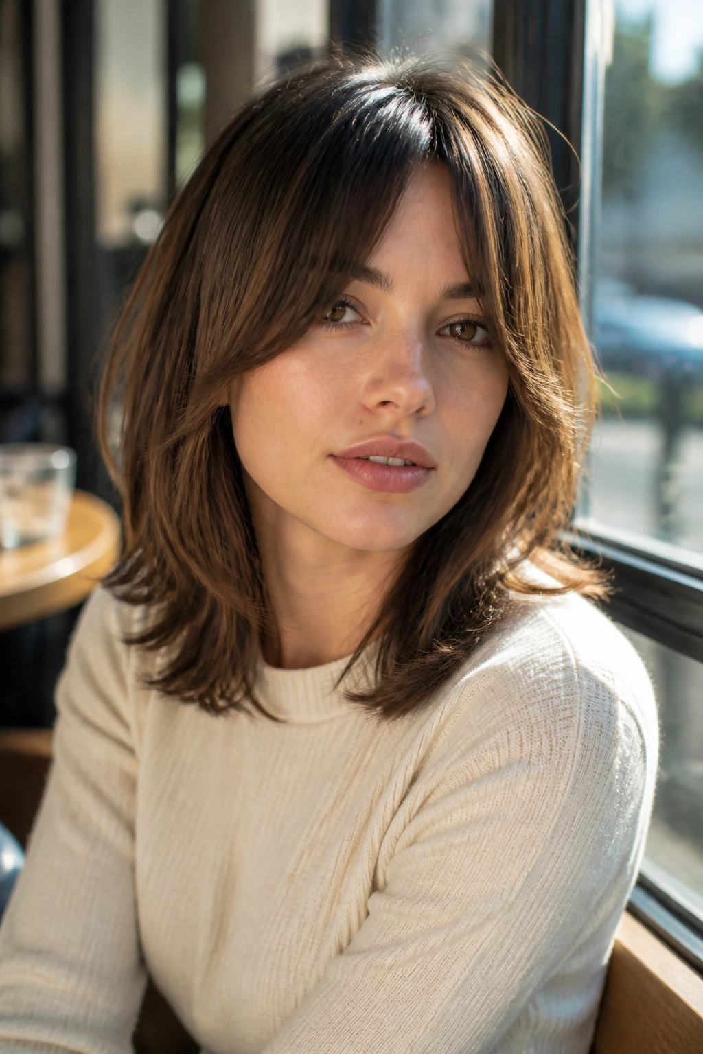 Close-up portrait of a real woman wearing bottleneck bangs with medium-length hair.
