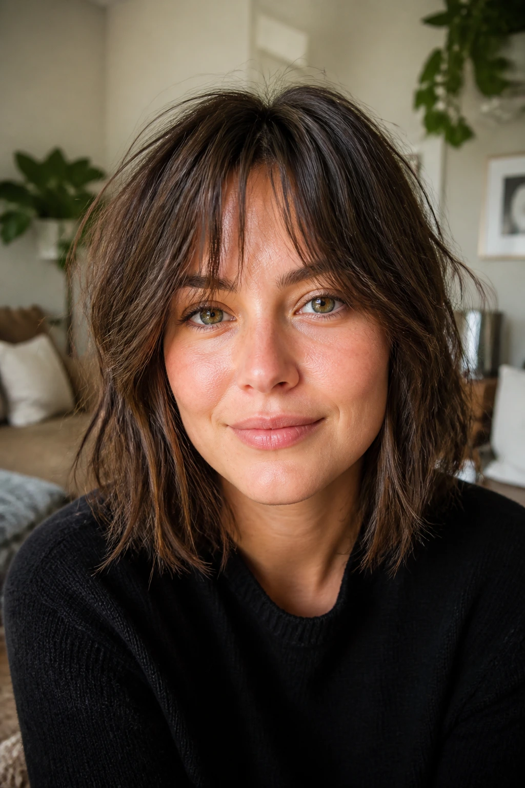 Portrait of person with bottleneck bangs and messy ends in natural light