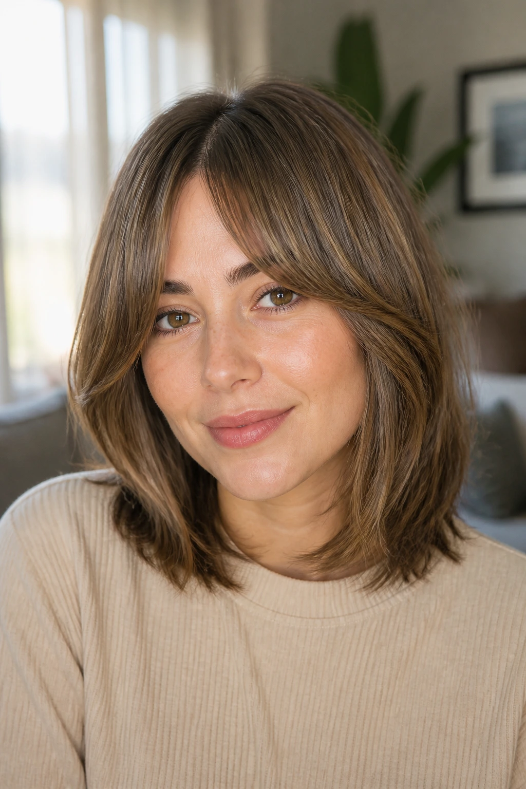 Close-up of bottleneck bangs with mid-length cut on a real woman.