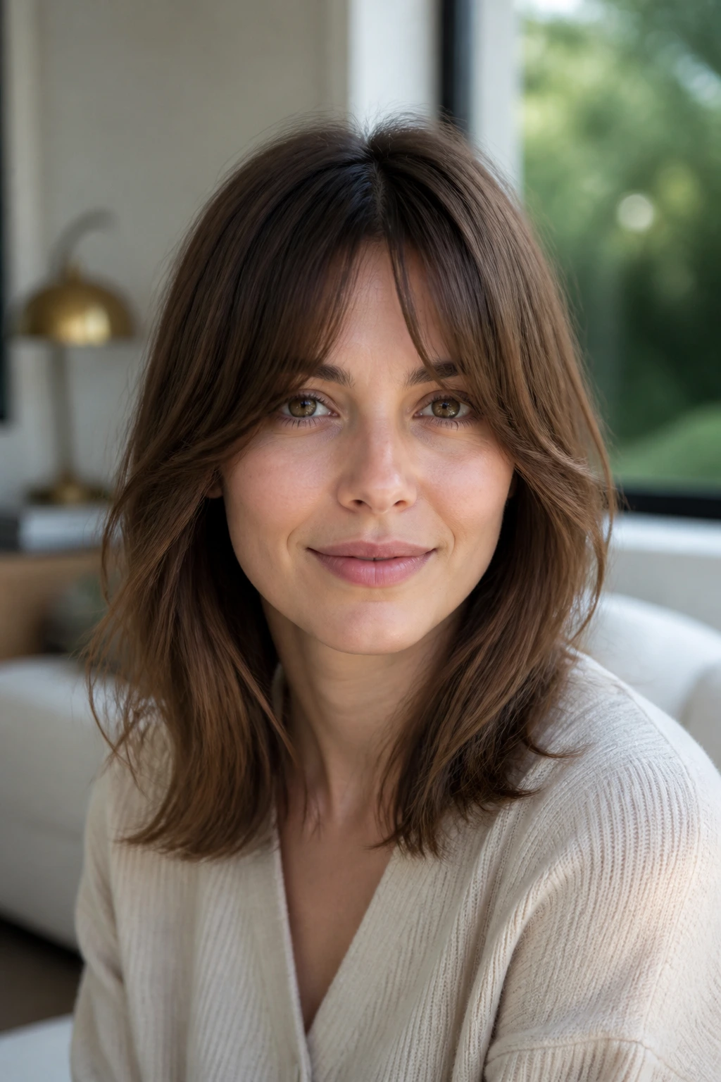 Portrait of real person with bottleneck bangs and mid-length cut