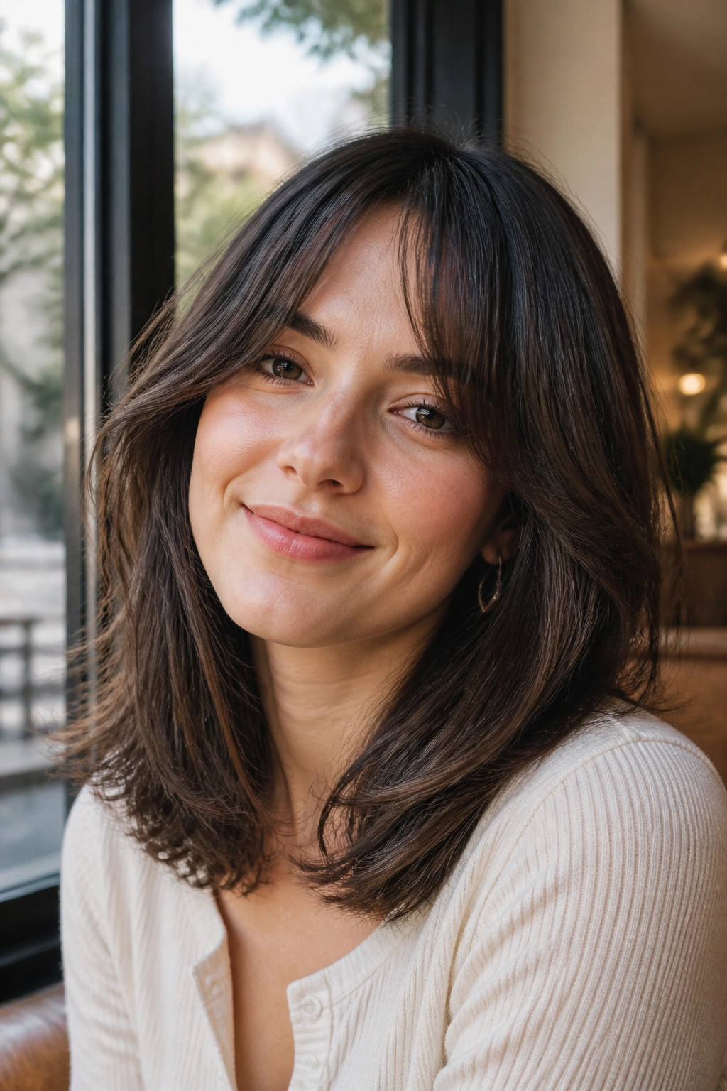 Close-up of a real person with bottleneck bangs and mid-length hair
