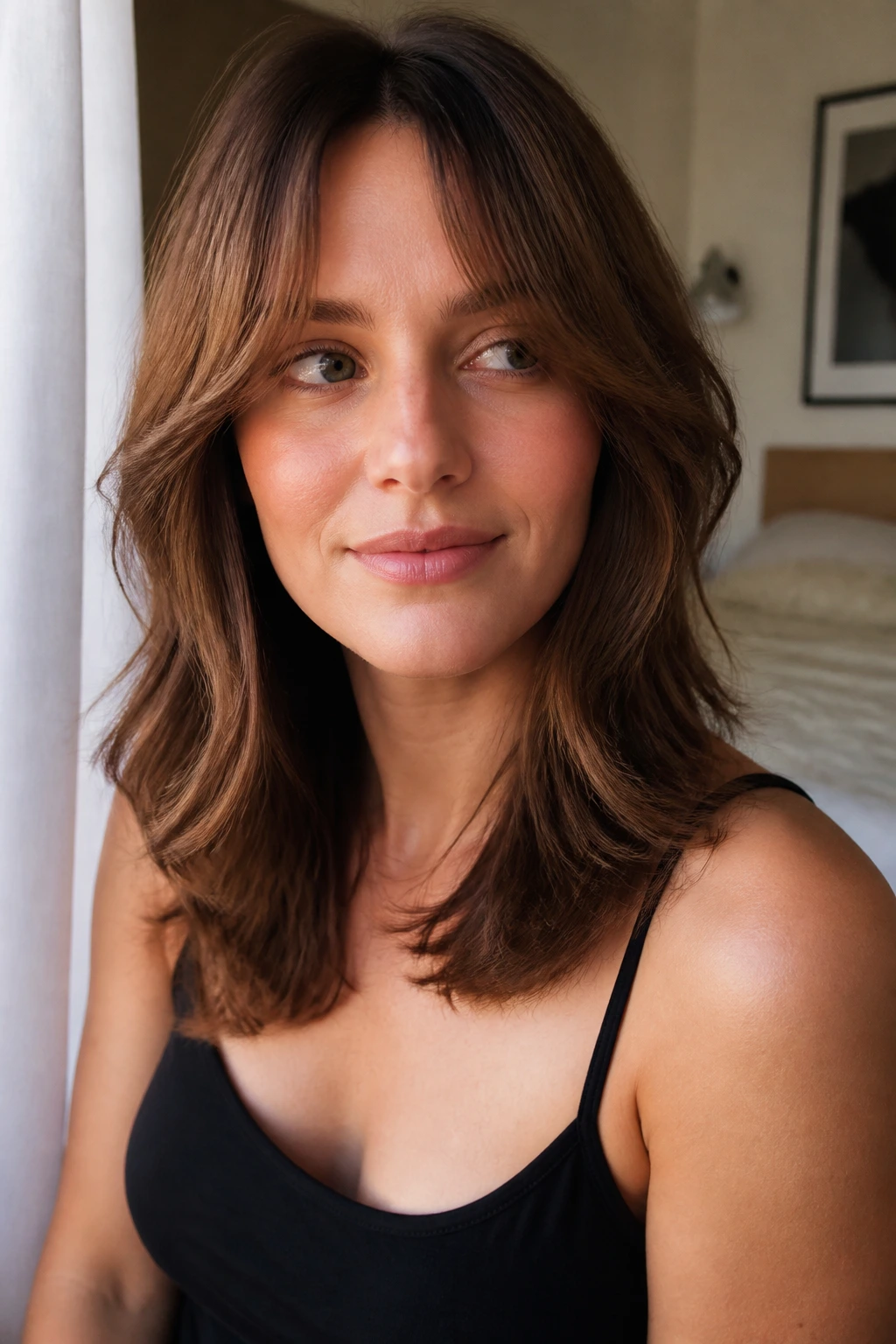 Close-up of bottleneck bangs with mid-length layers on a real woman.