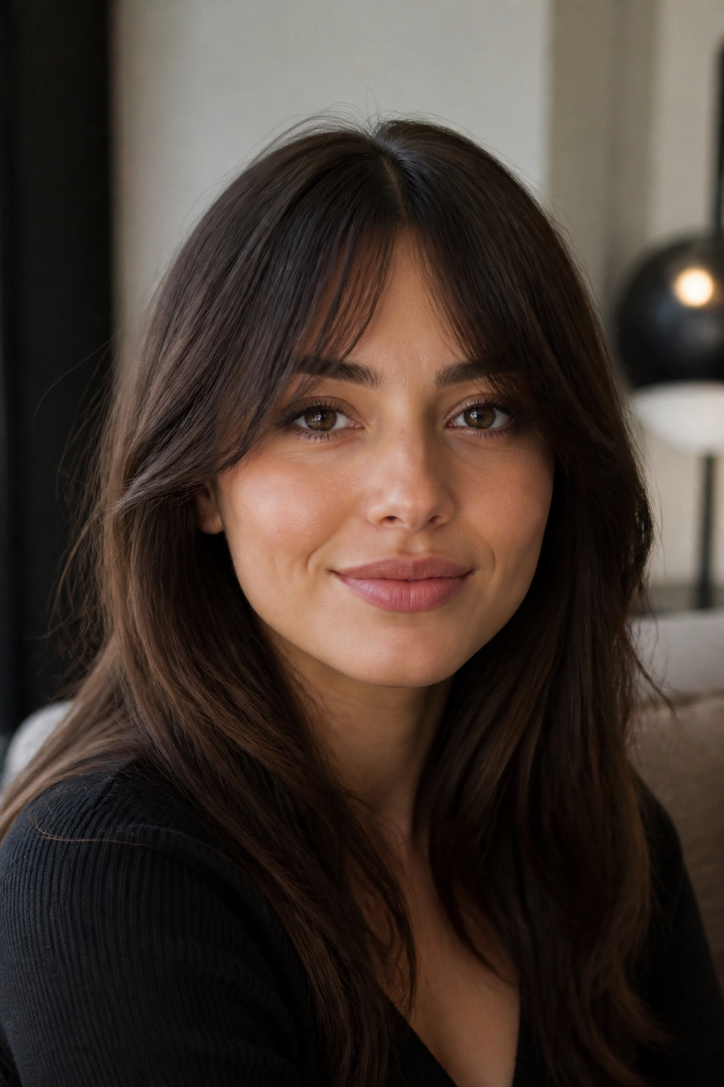 Close-up of a real woman with bottleneck bangs narrowing in the middle