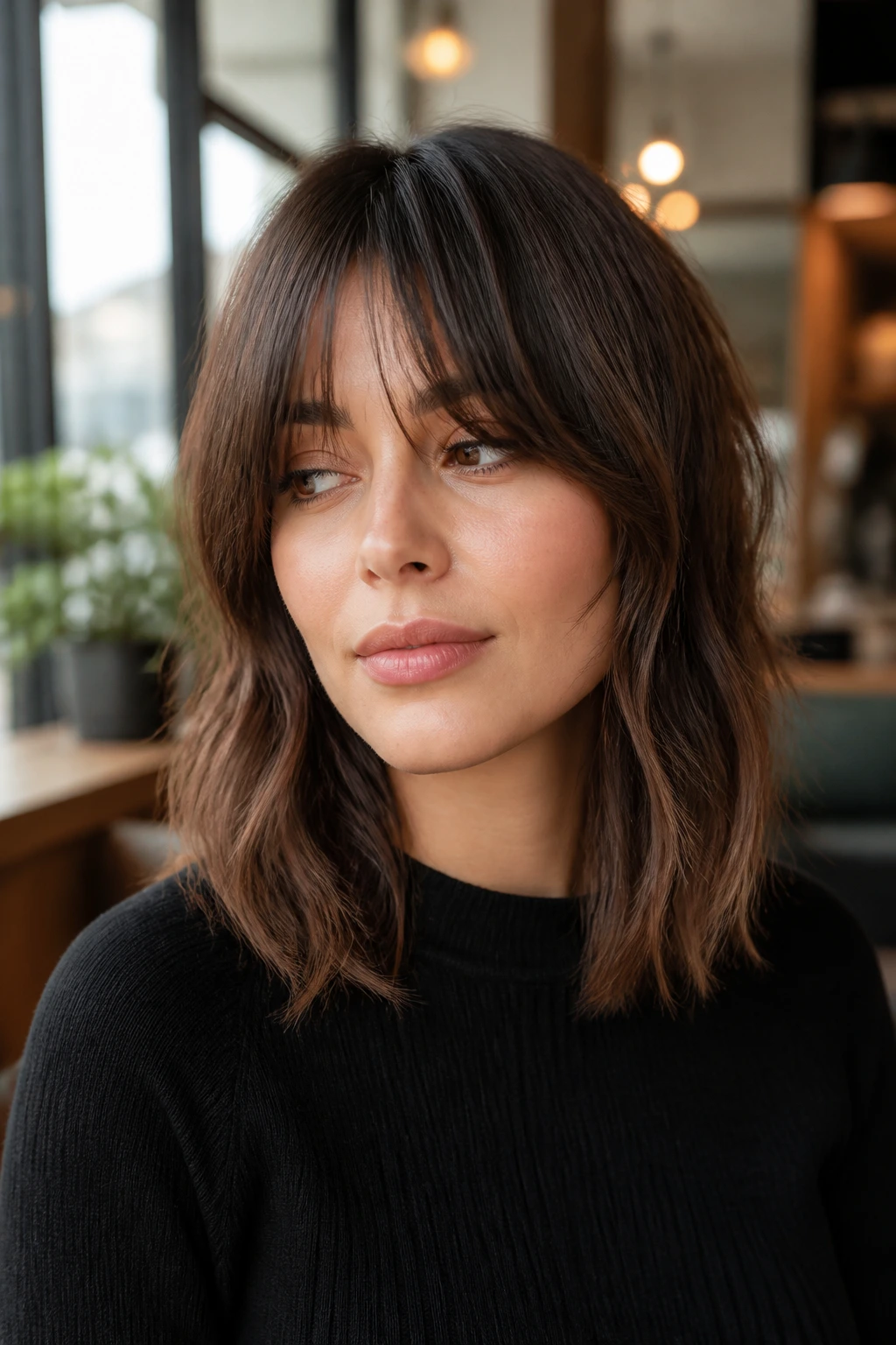 Close-up portrait of a real woman with bottleneck bangs on mid-length hair