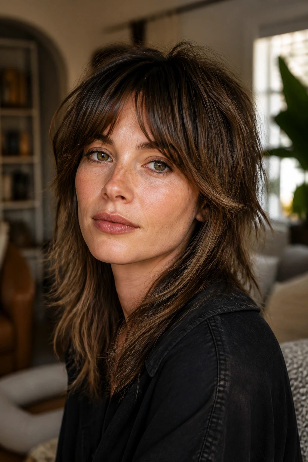 Close-up portrait of a real woman with bottleneck bangs and shaggy mullet.